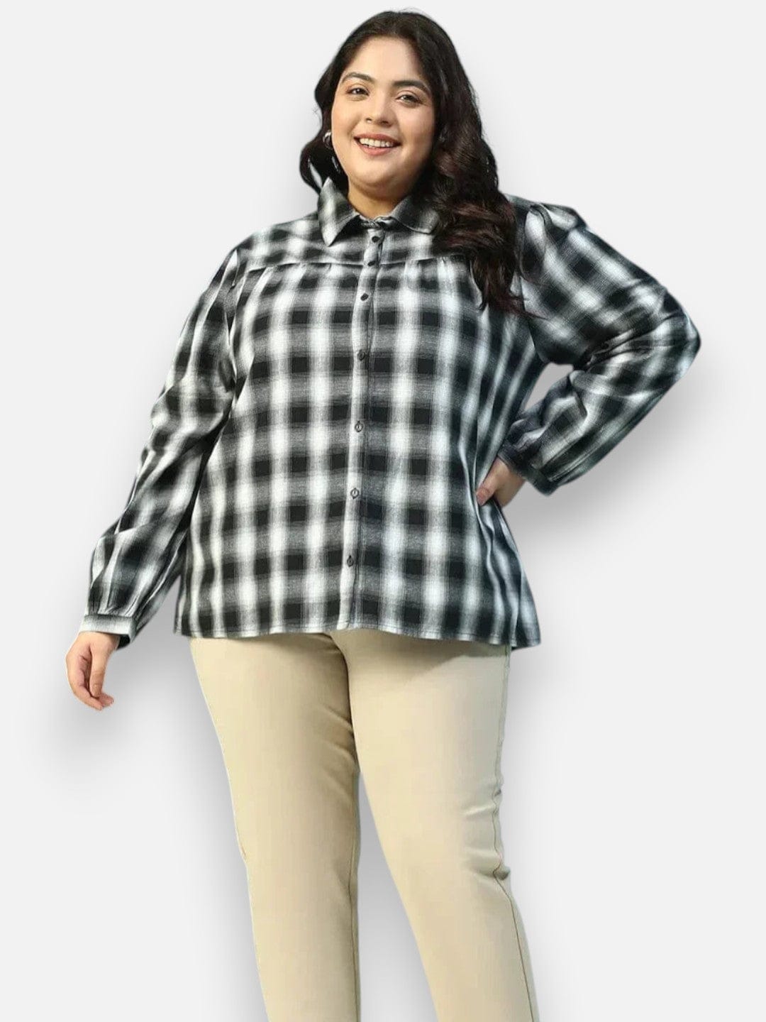 Plus Size Black Check Cotton Shirt