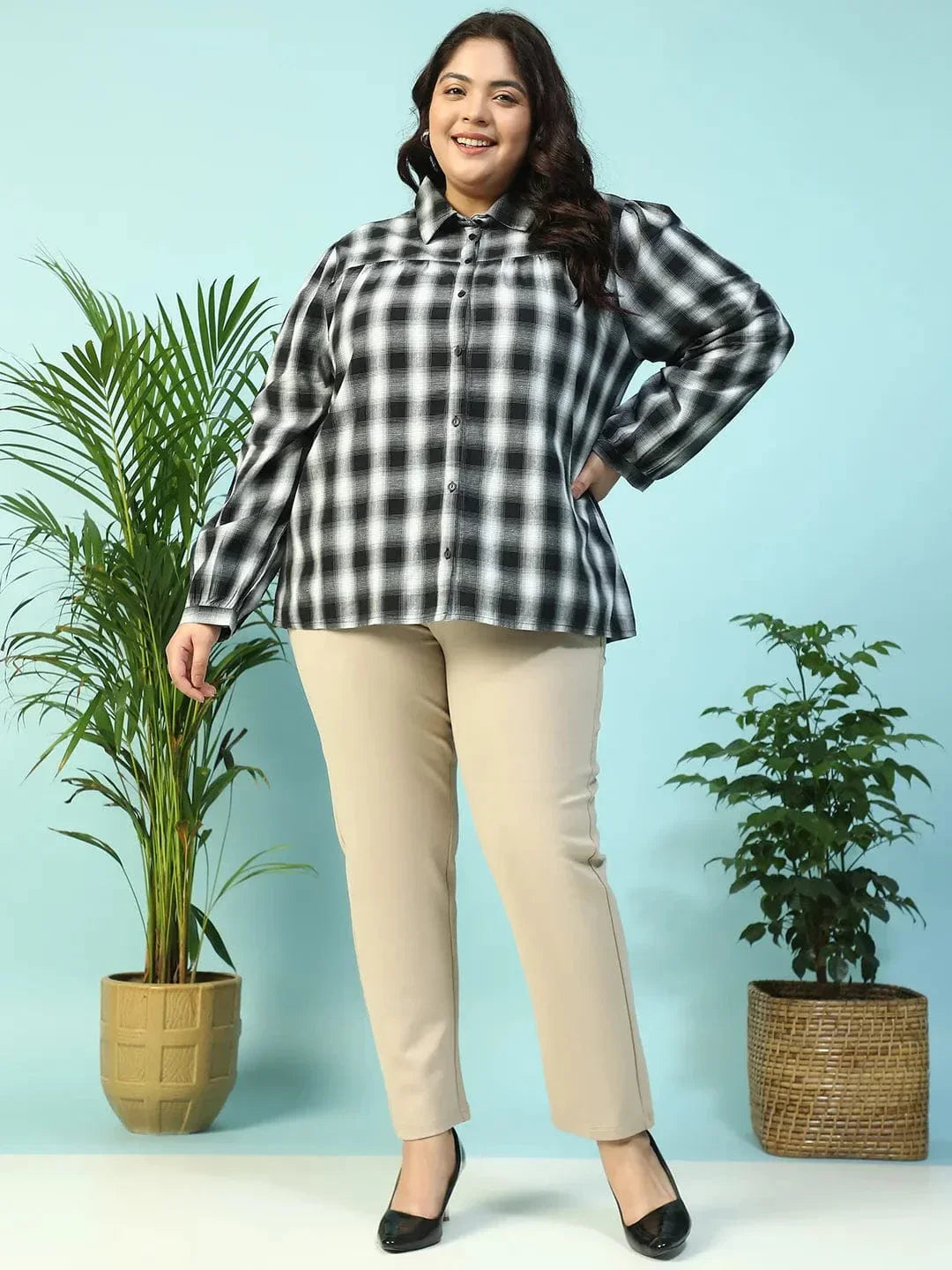 Dusky Black Yarn-Dyed Check Print Collared Long Sleeve Button Down Plus Size Women Cotton Shirt - oxolloxo
