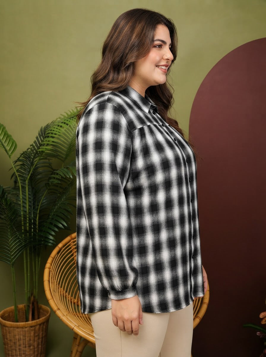 Plus Size Black Check Cotton Shirt