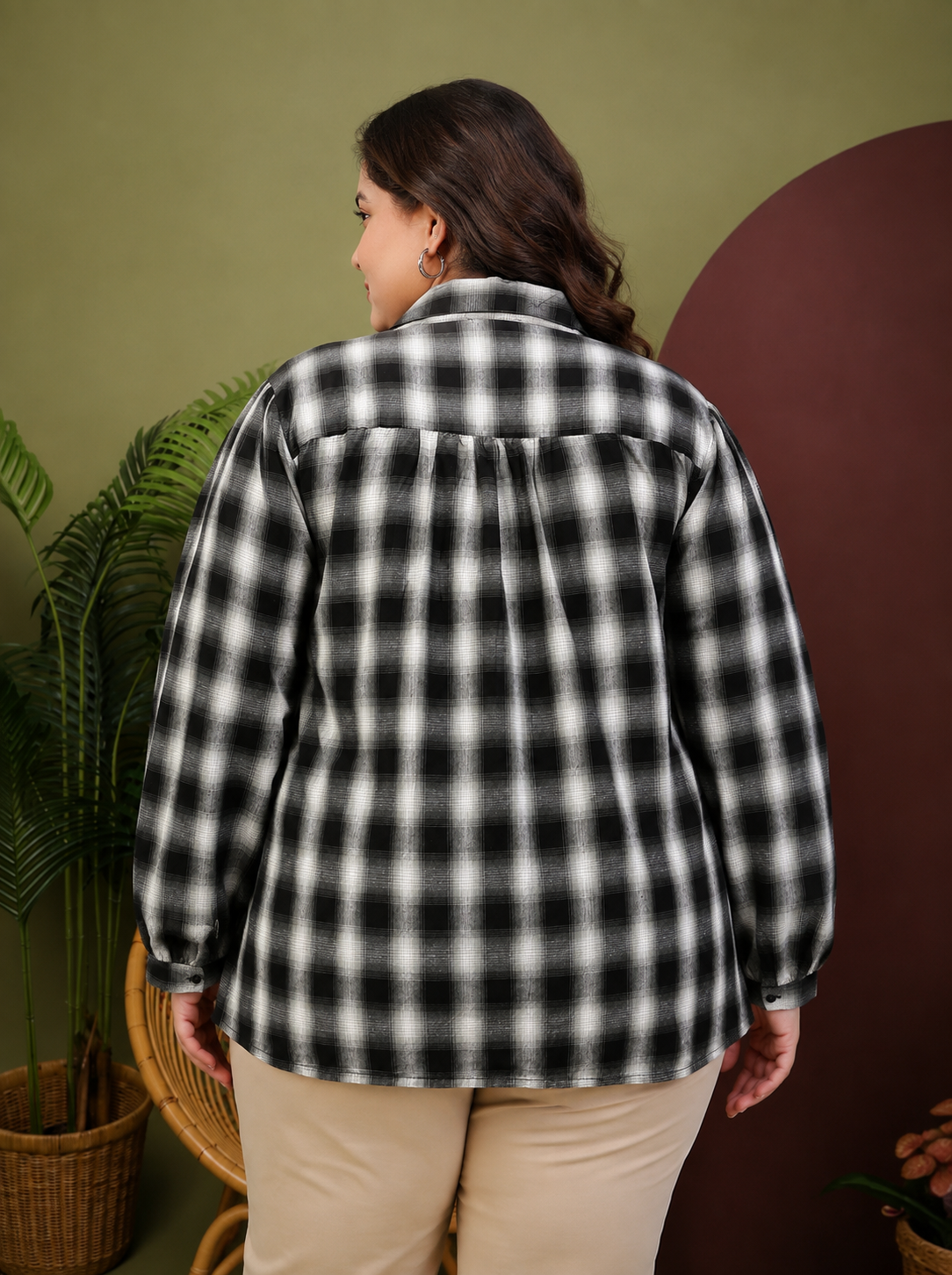 Plus Size Black Check Cotton Shirt