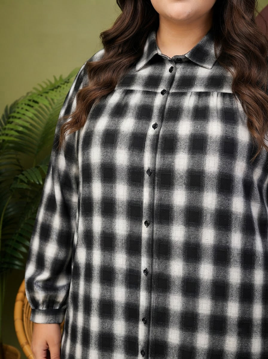 Plus Size Black Check Cotton Shirt