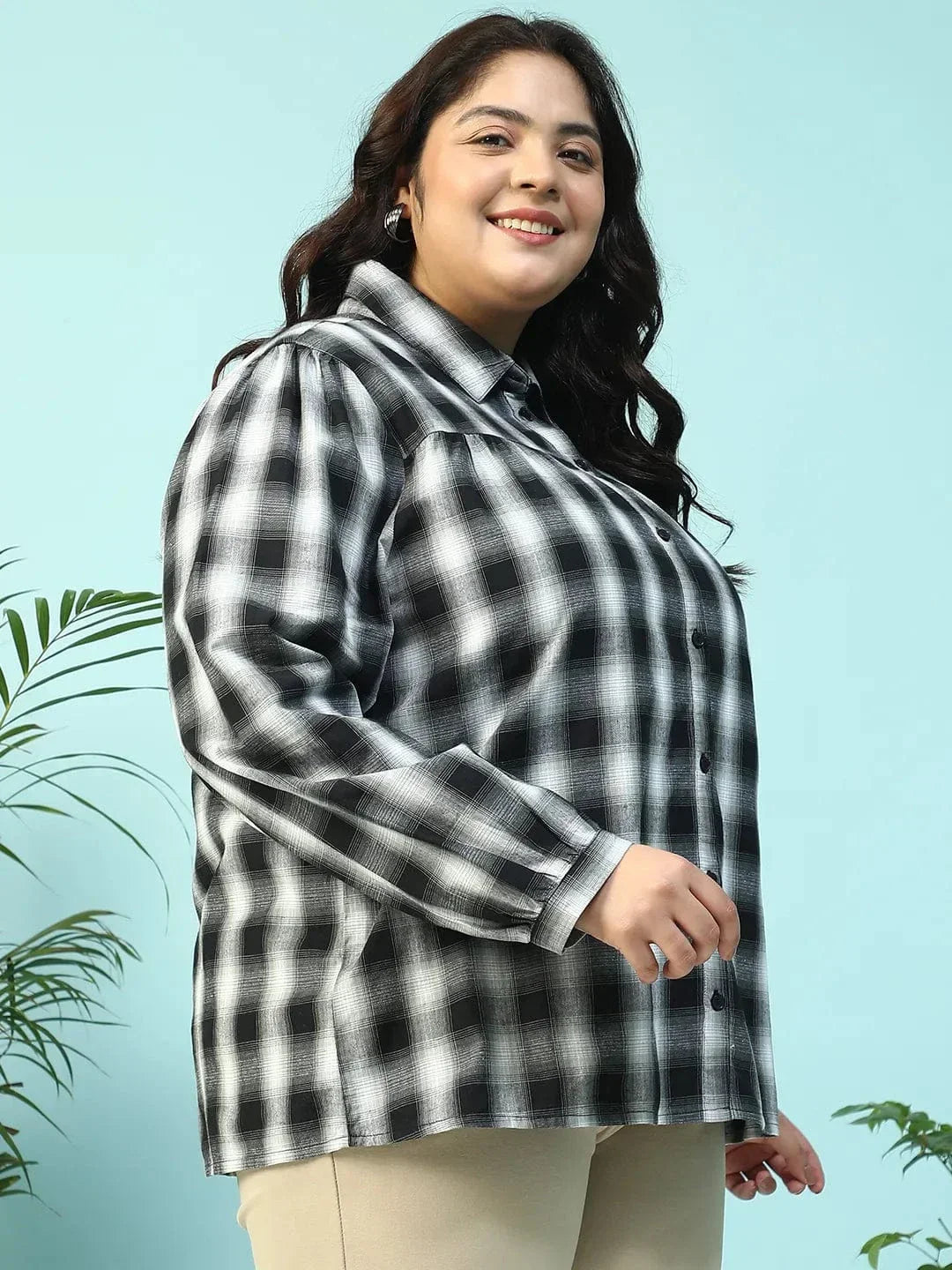 Dusky Black Yarn-Dyed Check Print Collared Long Sleeve Button Down Plus Size Women Cotton Shirt - oxolloxo