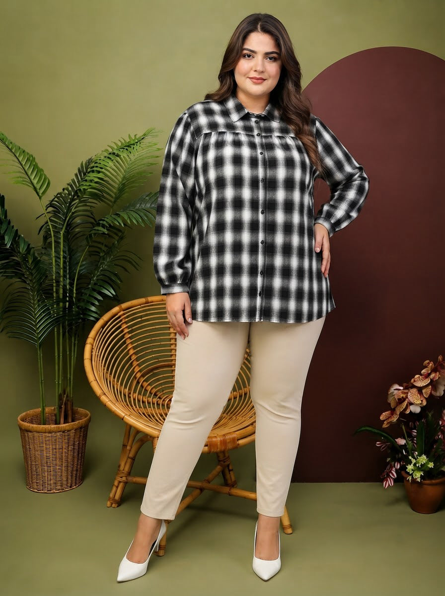 Plus Size Black Check Cotton Shirt