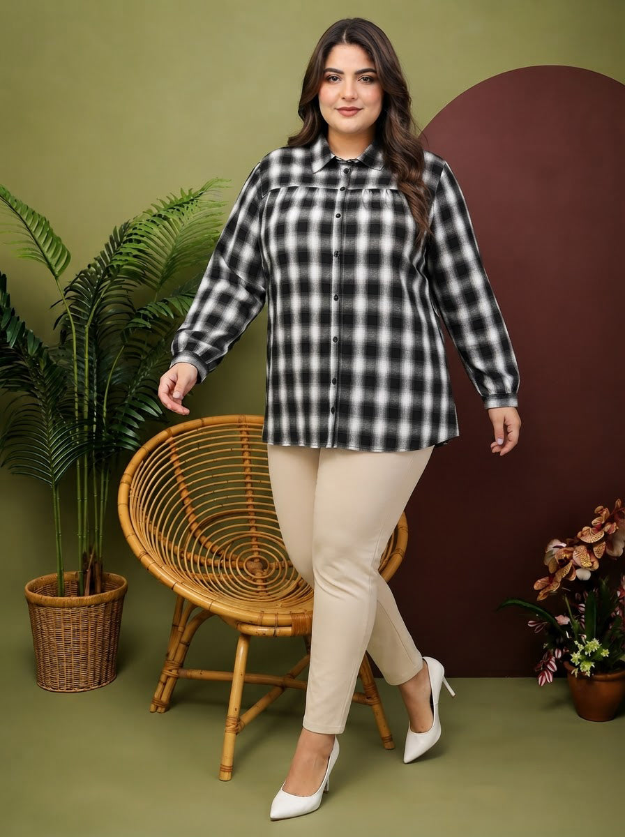 Plus Size Black Check Cotton Shirt