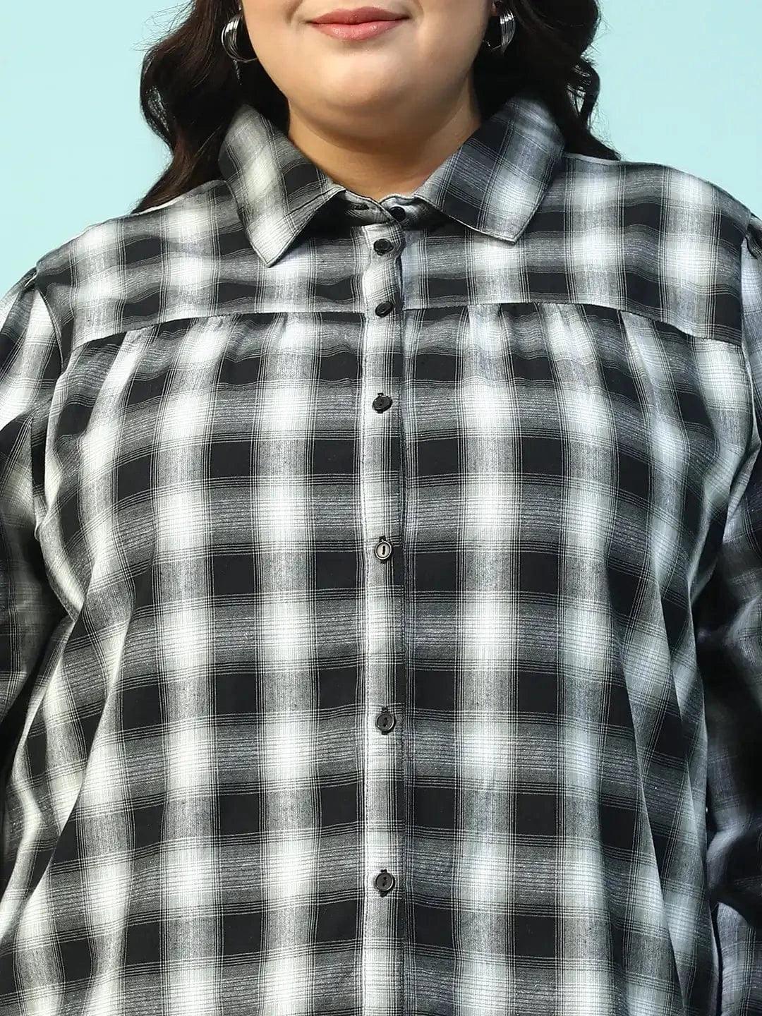 Dusky Black Yarn-Dyed Check Print Collared Long Sleeve Button Down Plus Size Women Cotton Shirt - oxolloxo