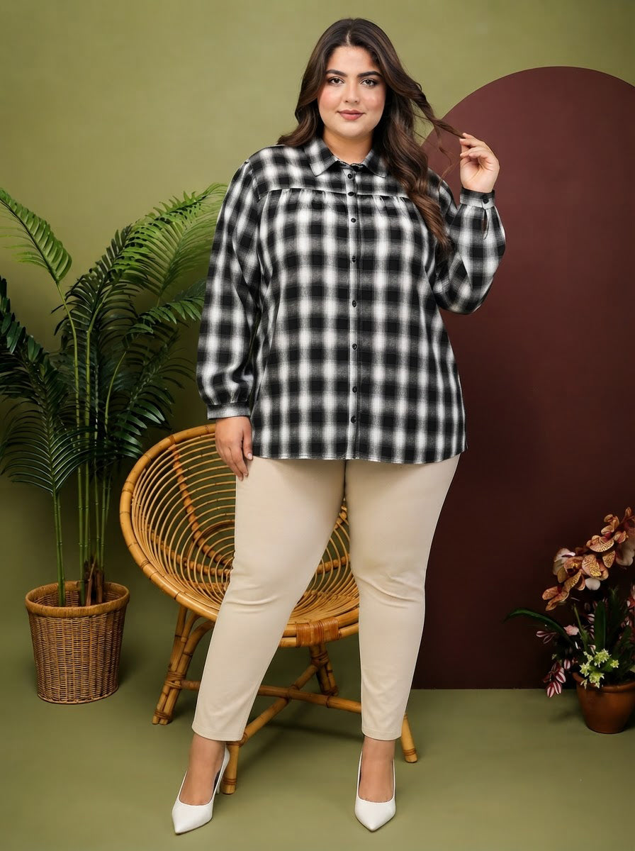 Plus Size Black Check Cotton Shirt