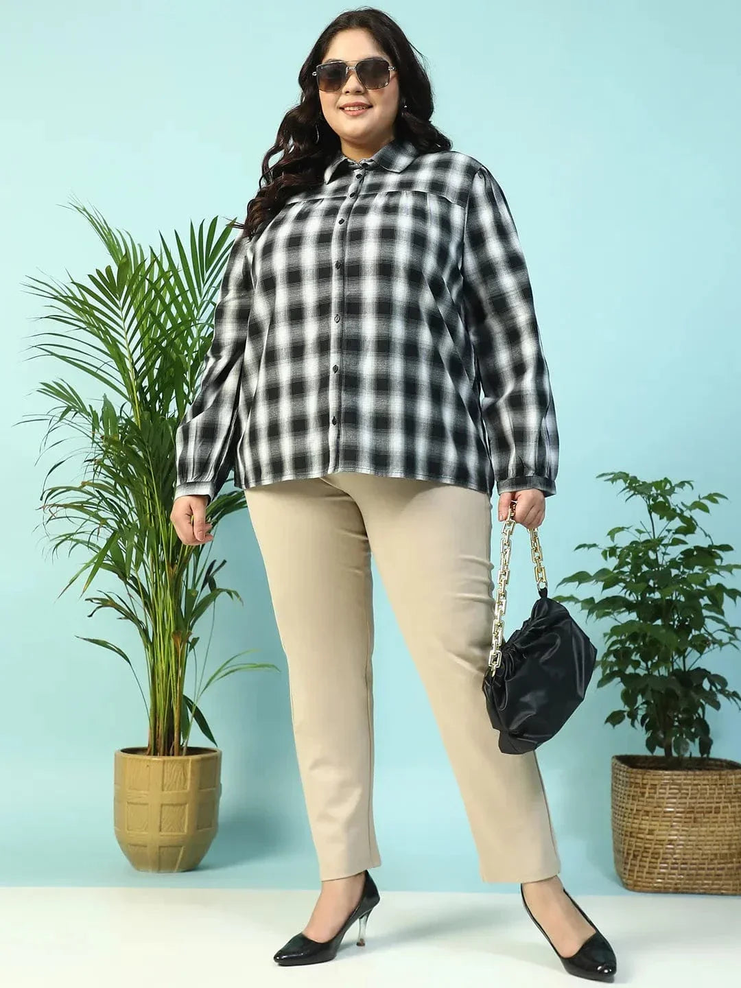 Dusky Black Yarn-Dyed Check Print Collared Long Sleeve Button Down Plus Size Women Cotton Shirt - oxolloxo