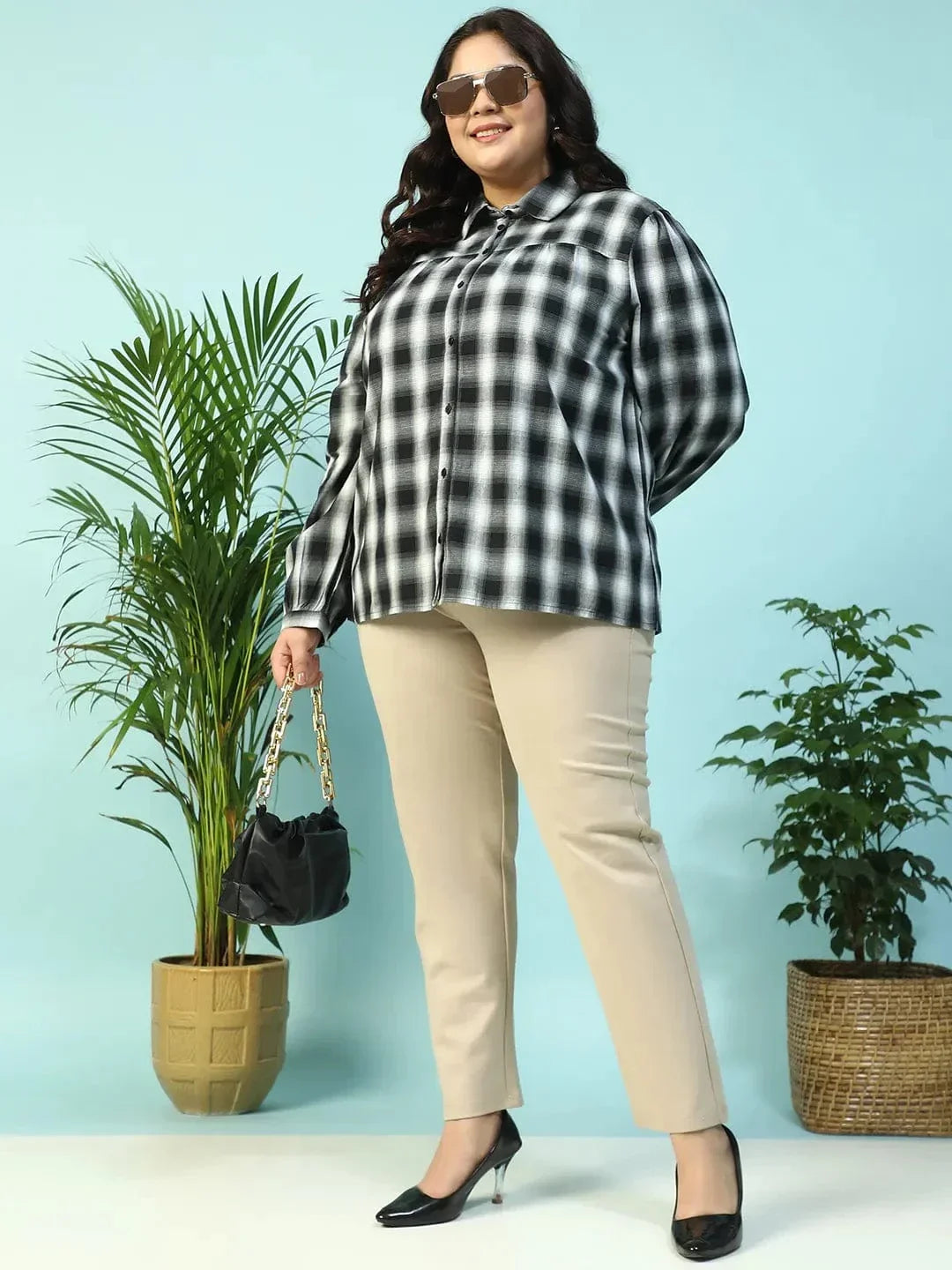 Dusky Black Yarn-Dyed Check Print Collared Long Sleeve Button Down Plus Size Women Cotton Shirt - oxolloxo