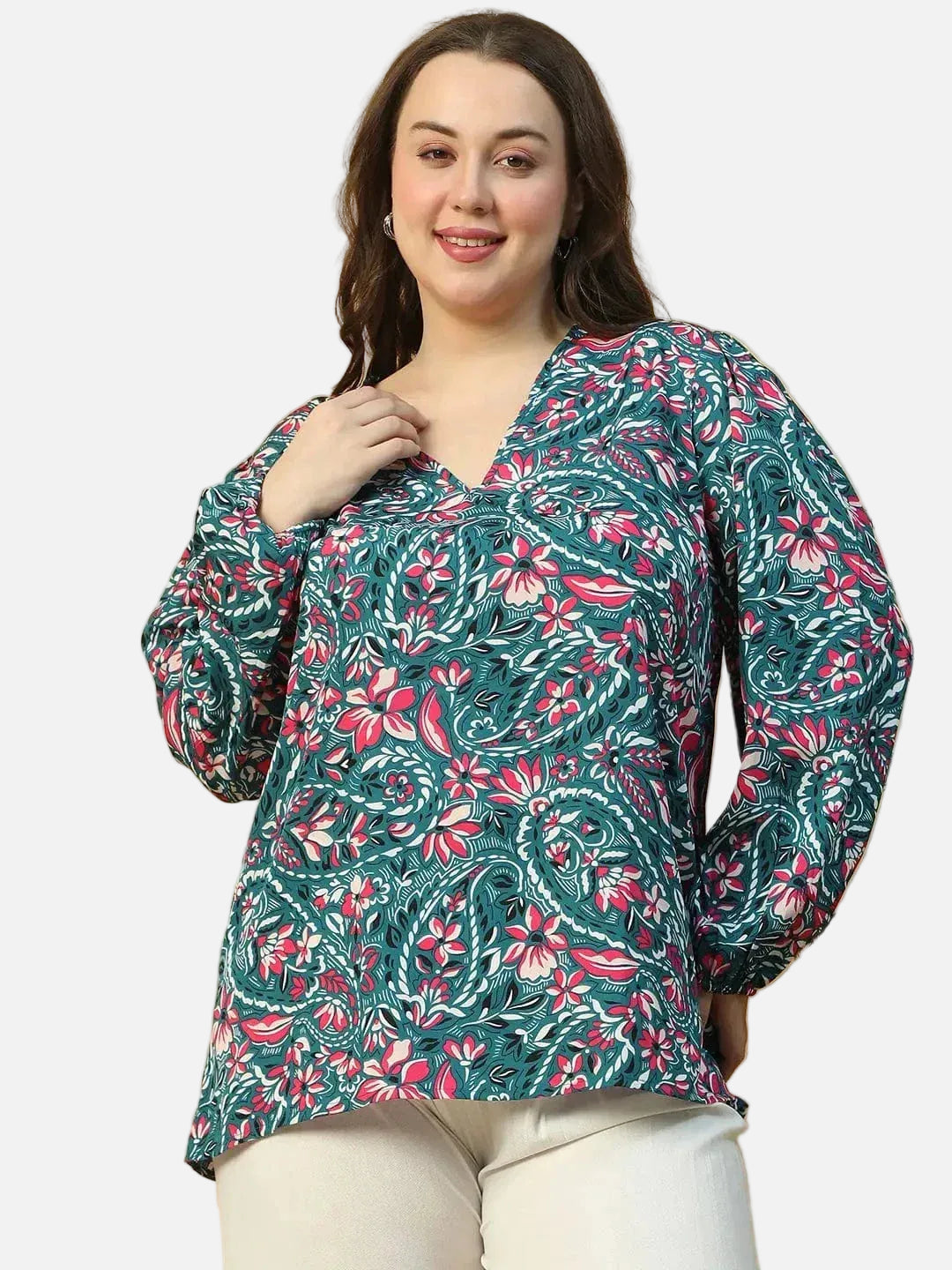 Bubbly Blue Floral Print Long Sleeve Plus Size Women Top - oxolloxo