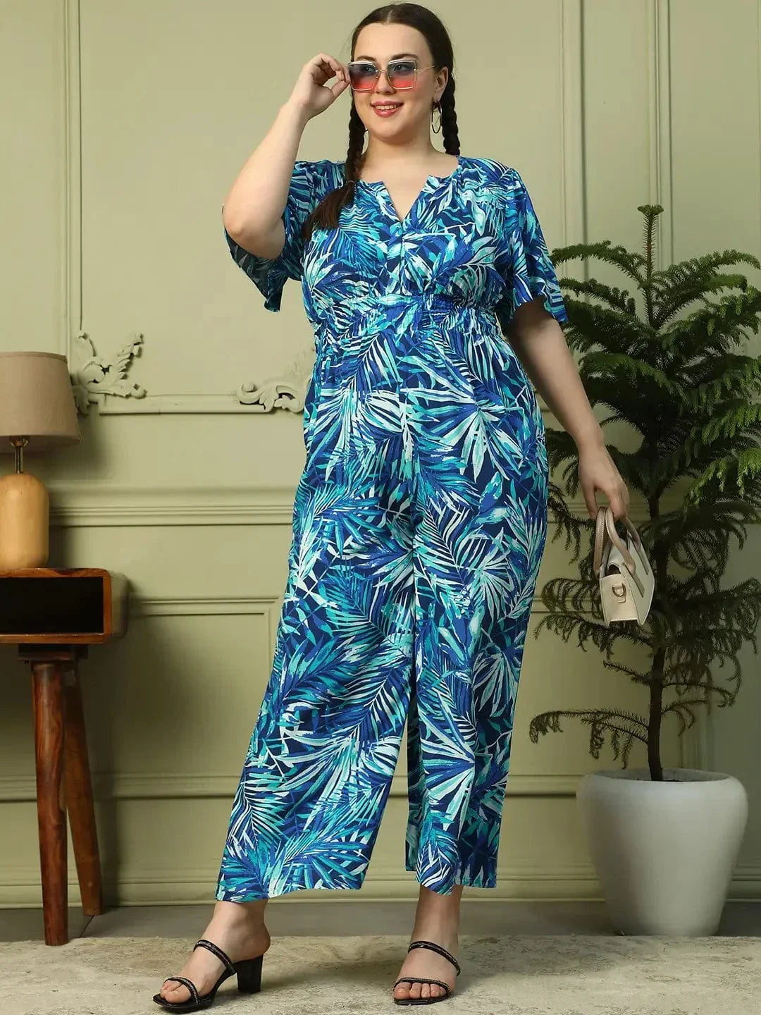 Leading Blue Floral Print Short Sleeve Elasticated Plus Size Women Jumpsuit - oxolloxo