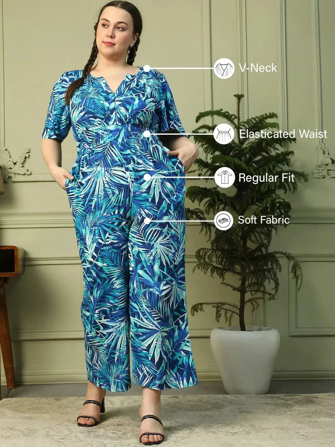 Leading Blue Floral Print Short Sleeve Elasticated Plus Size Women Jumpsuit - oxolloxo