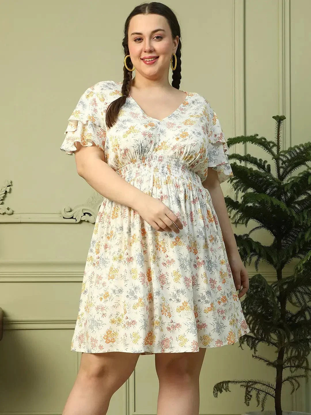 Exquisite White Floral Print Short Sleeve Elasticated Smocking Plus Size Women Dress - oxolloxo