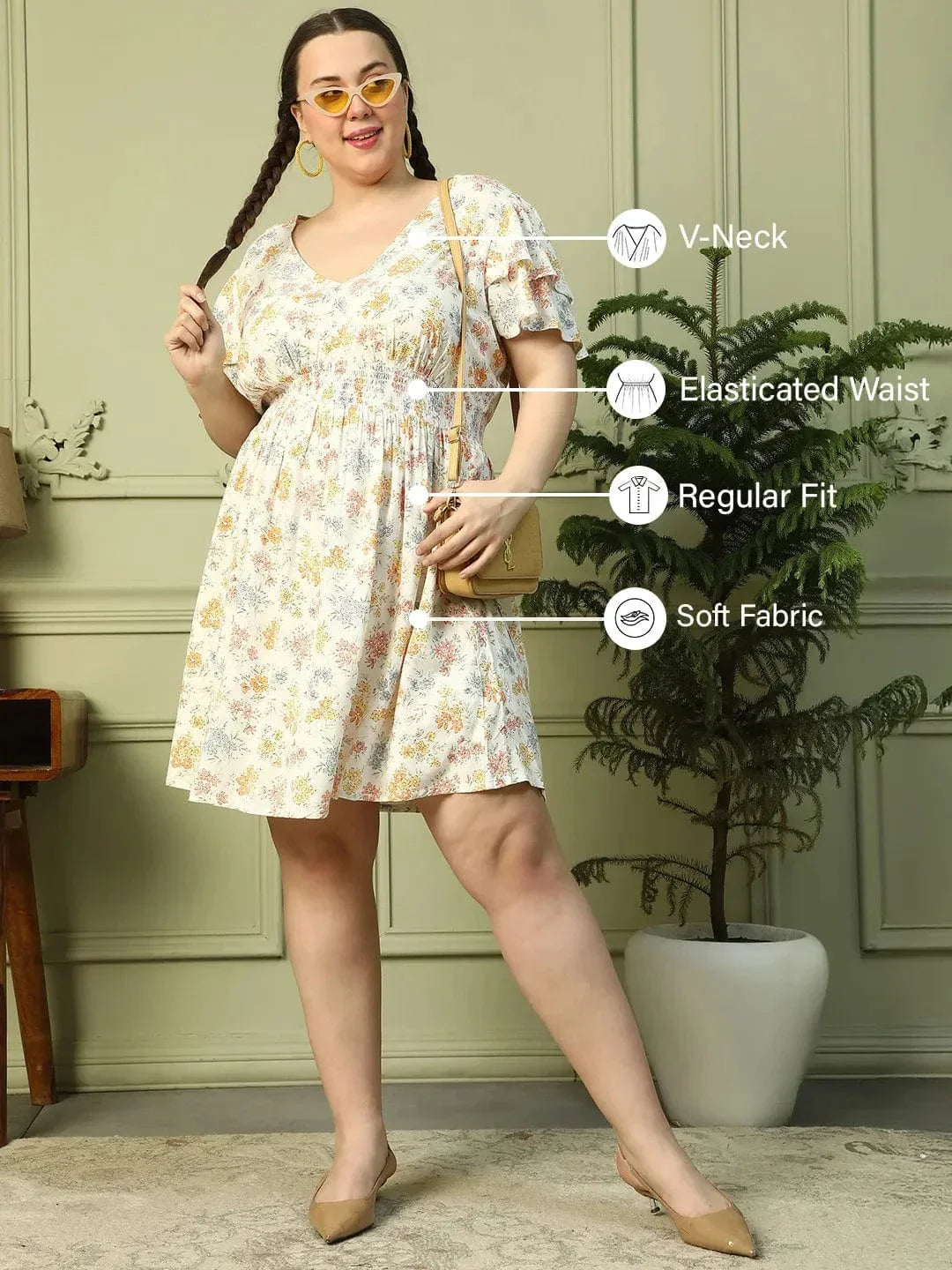 Exquisite White Floral Print Short Sleeve Elasticated Smocking Plus Size Women Dress - oxolloxo