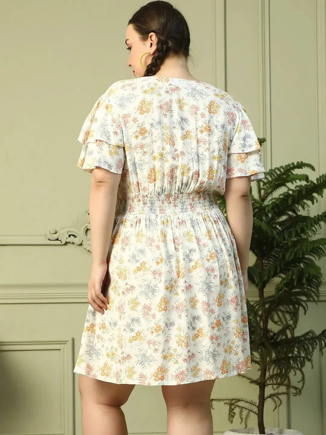Exquisite White Floral Print Short Sleeve Elasticated Smocking Plus Size Women Dress - oxolloxo