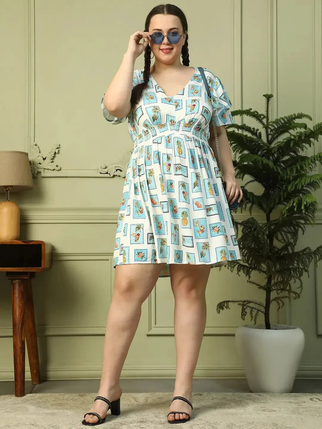 Exquisite Blue Multi Print Short Sleeve Elasticated Smocking Plus Size Women Dress - oxolloxo