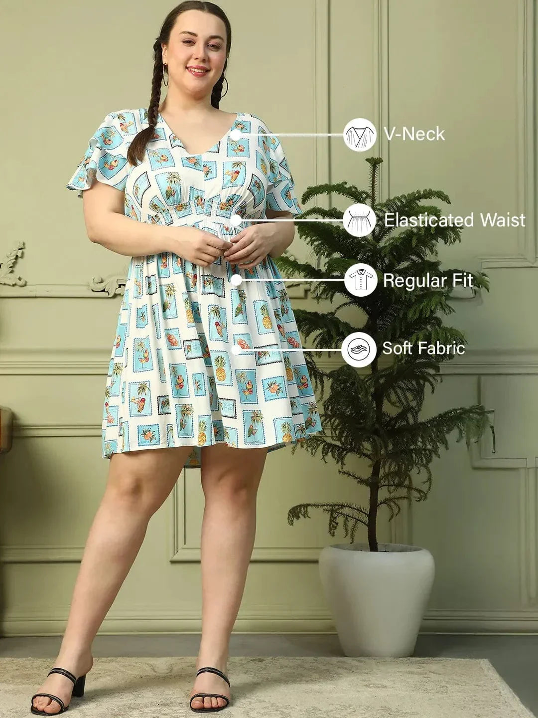 Exquisite Blue Multi Print Short Sleeve Elasticated Smocking Plus Size Women Dress - oxolloxo