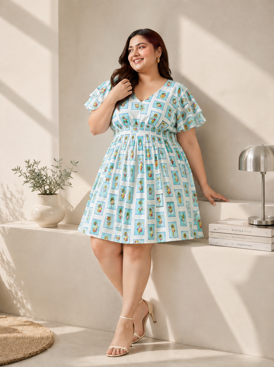 exquisite blue print plus size women dress