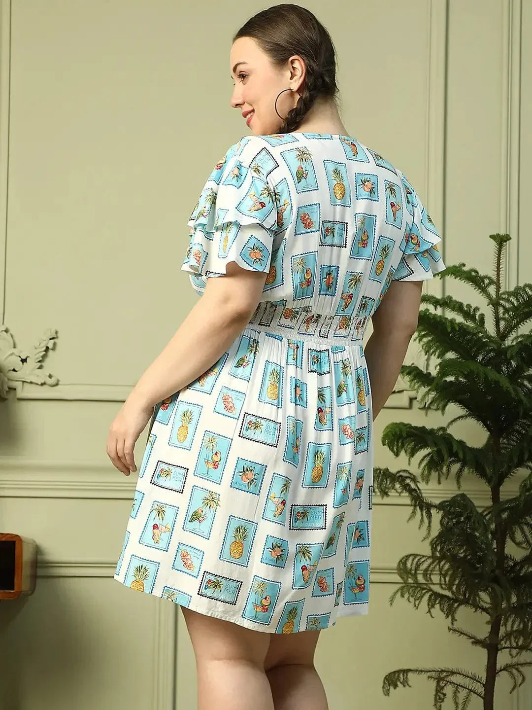 Exquisite Blue Multi Print Short Sleeve Elasticated Smocking Plus Size Women Dress - oxolloxo