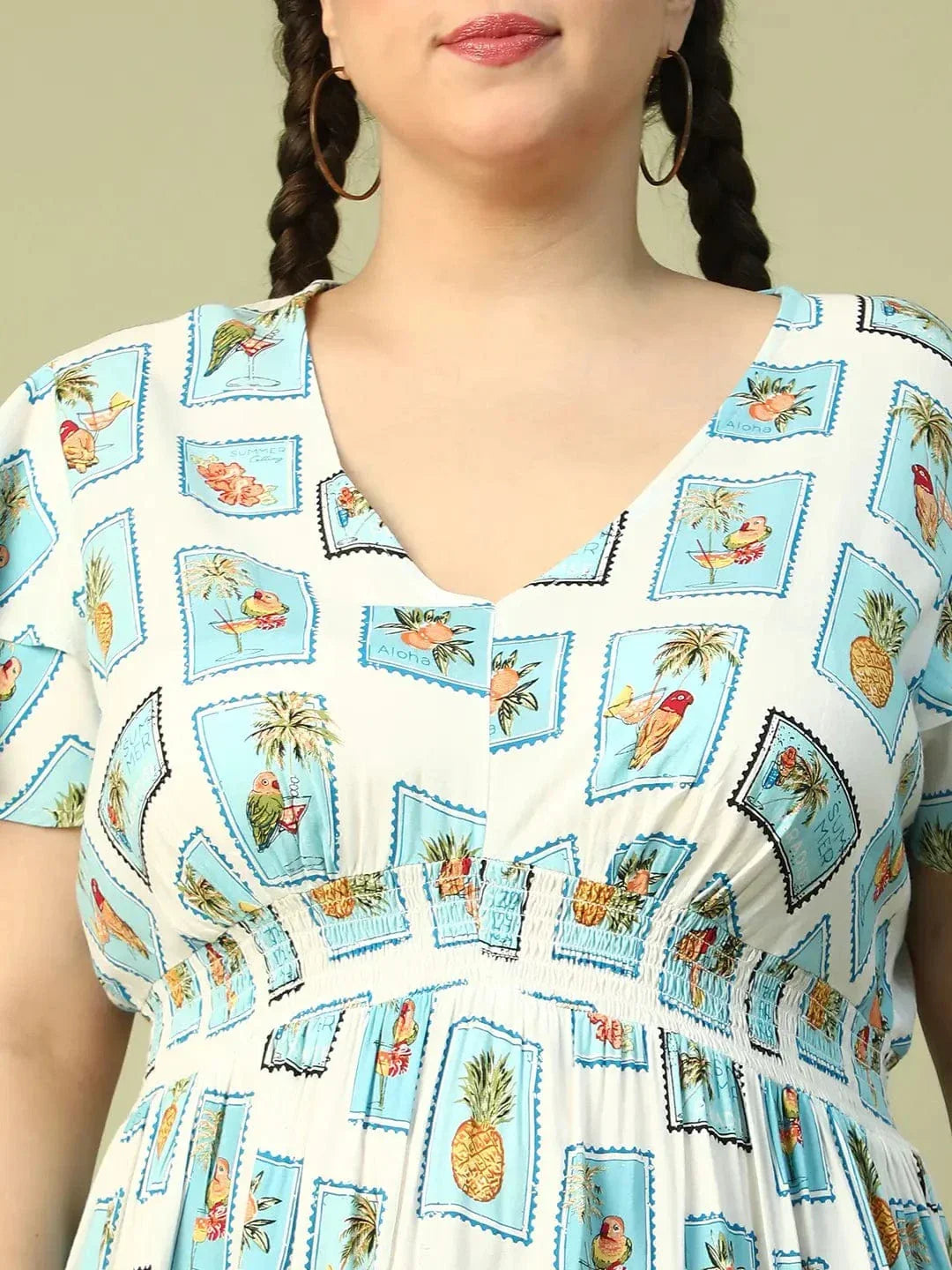 Exquisite Blue Multi Print Short Sleeve Elasticated Smocking Plus Size Women Dress - oxolloxo