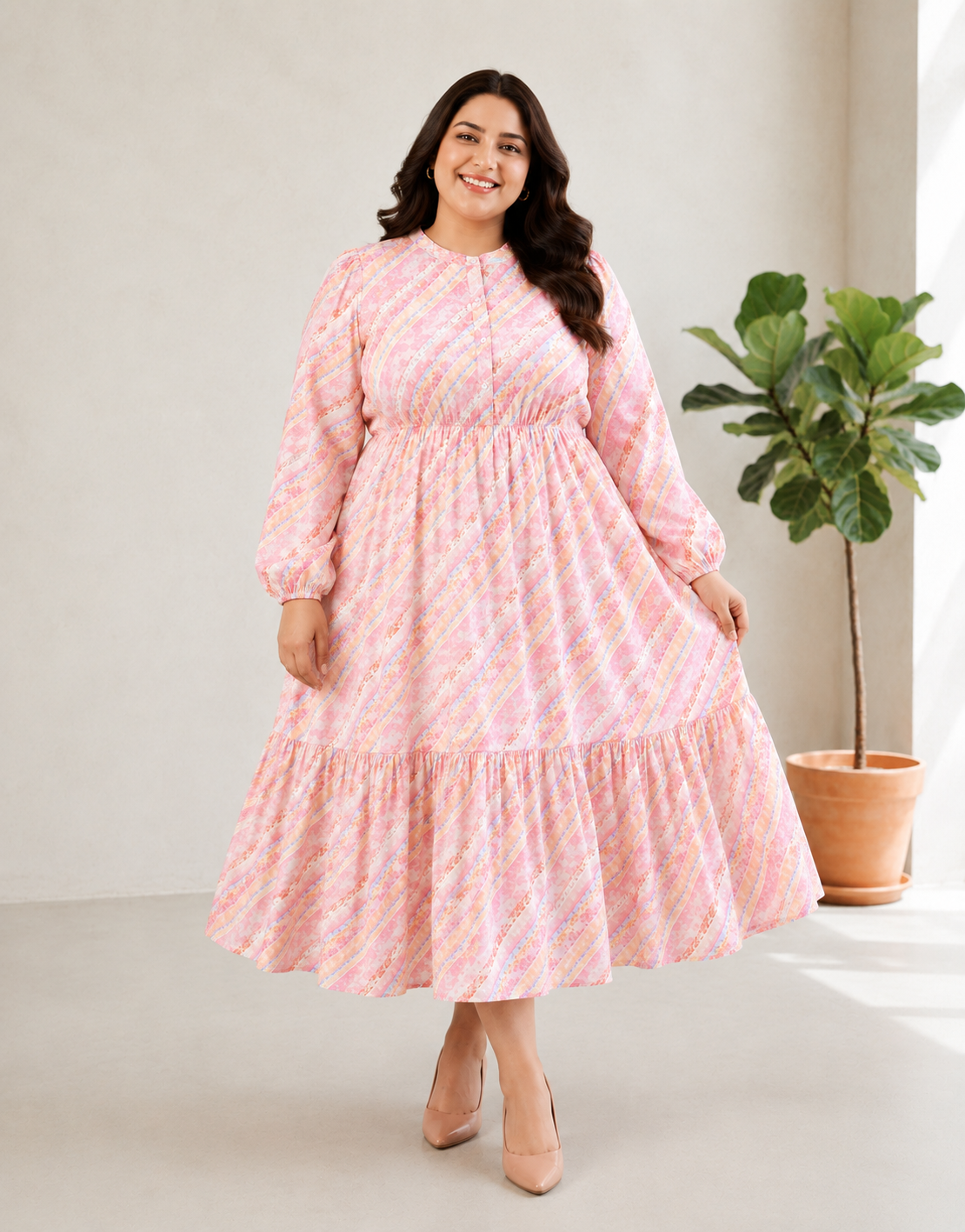 Plus Size Pink Georgette Stripe Print Dress