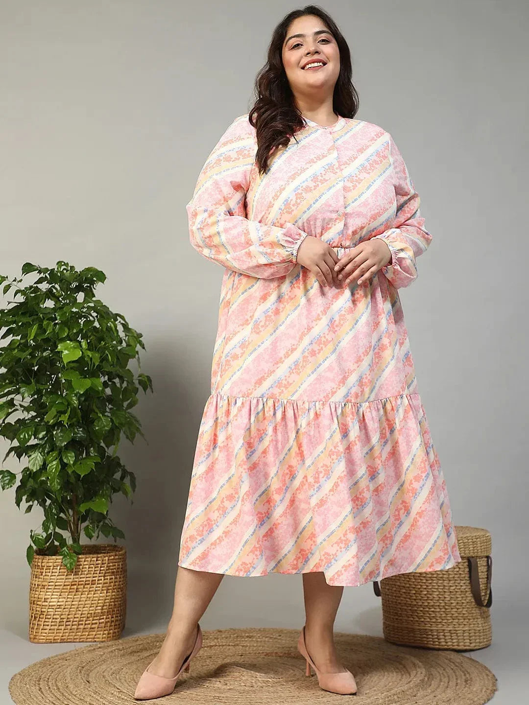 Slayer Pink Georgette Stripe Print With Button Front And Long Sleeve Elasticated Plus Size Dress - oxolloxo