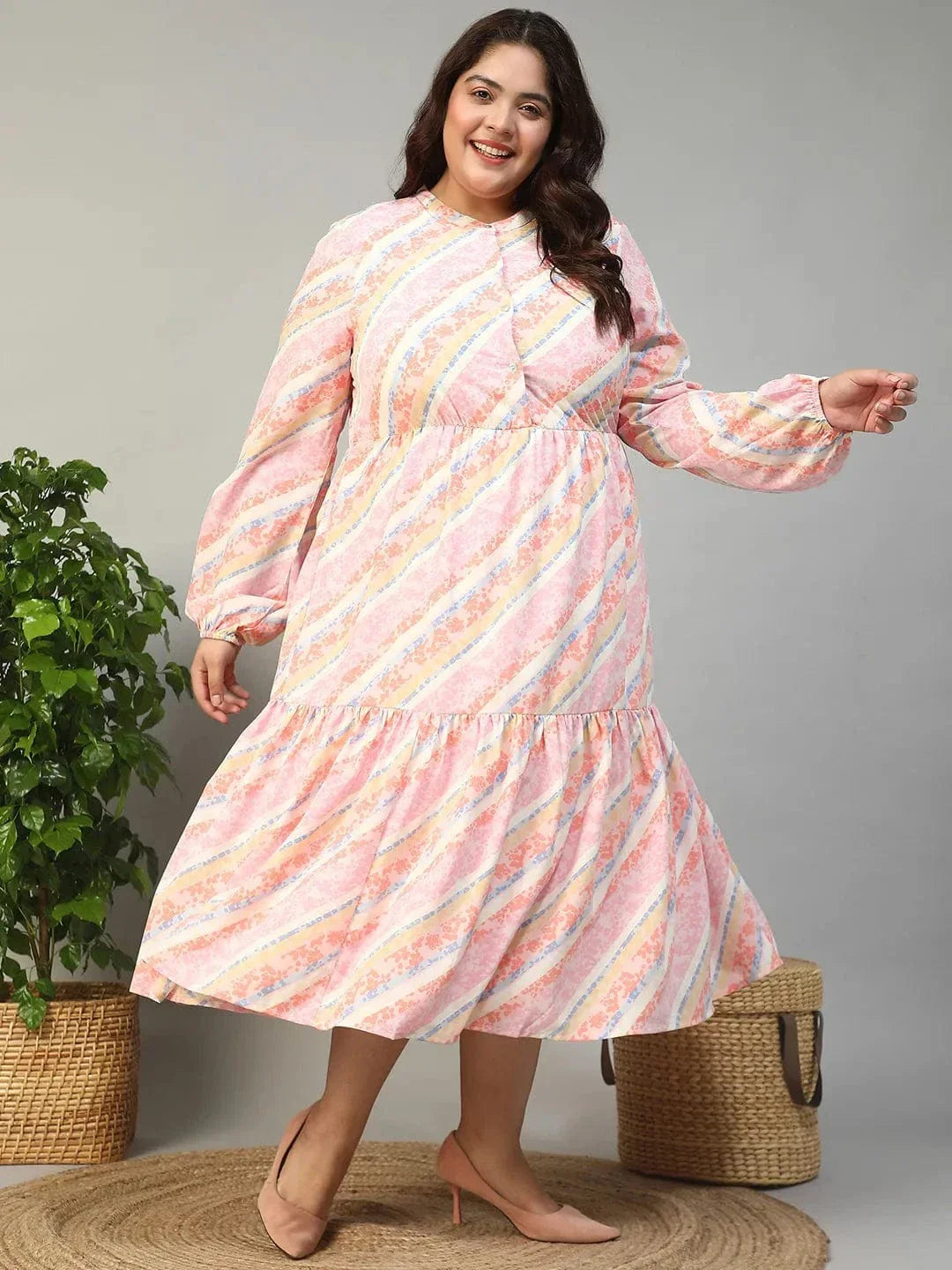Slayer Pink Georgette Stripe Print With Button Front And Long Sleeve Elasticated Plus Size Dress - oxolloxo