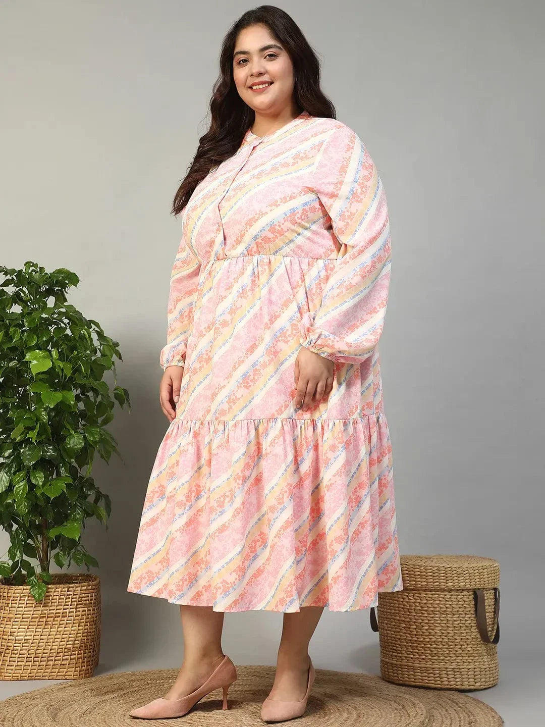 Slayer Pink Georgette Stripe Print With Button Front And Long Sleeve Elasticated Plus Size Dress - oxolloxo