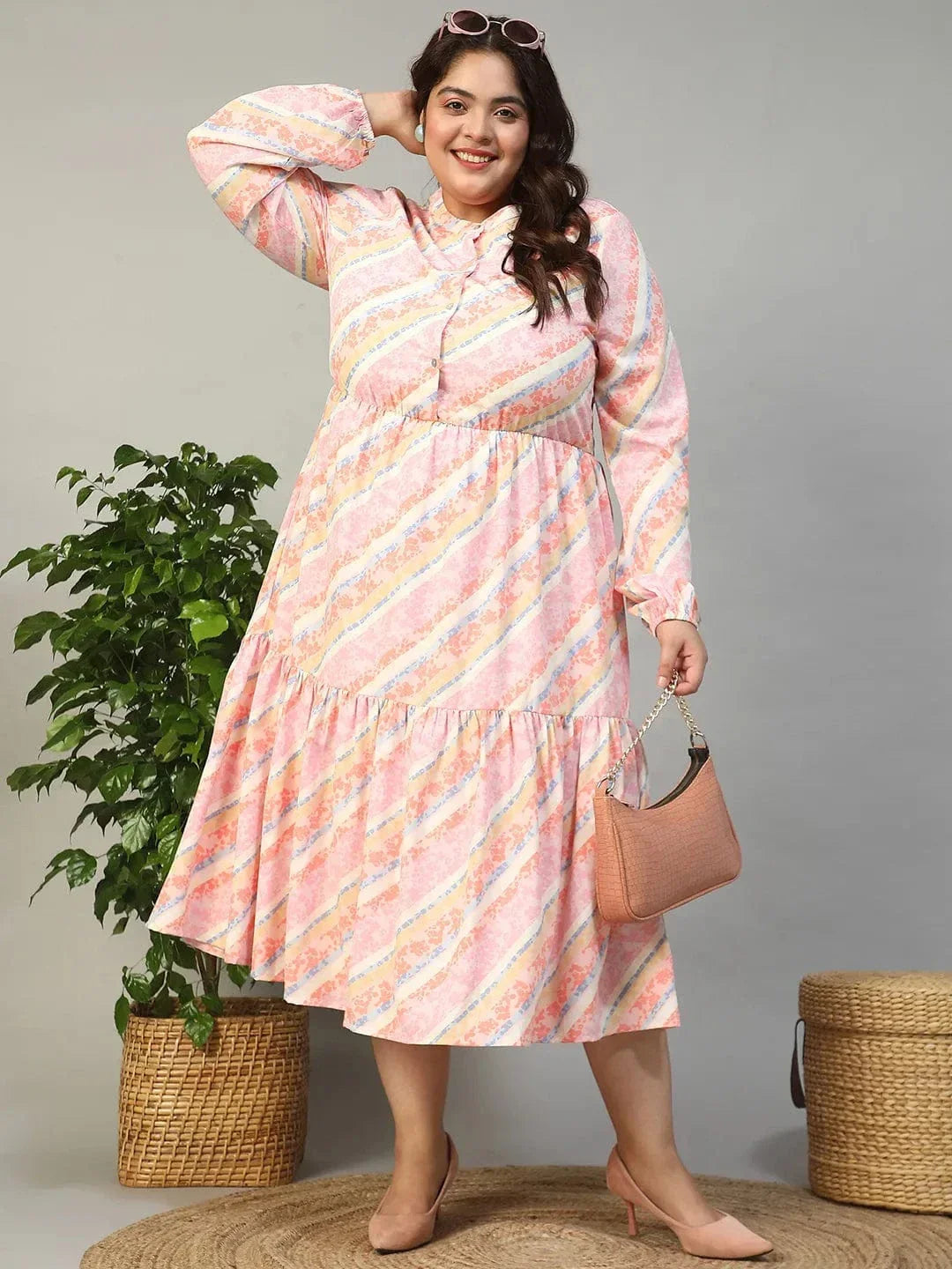 Slayer Pink Georgette Stripe Print With Button Front And Long Sleeve Elasticated Plus Size Dress - oxolloxo