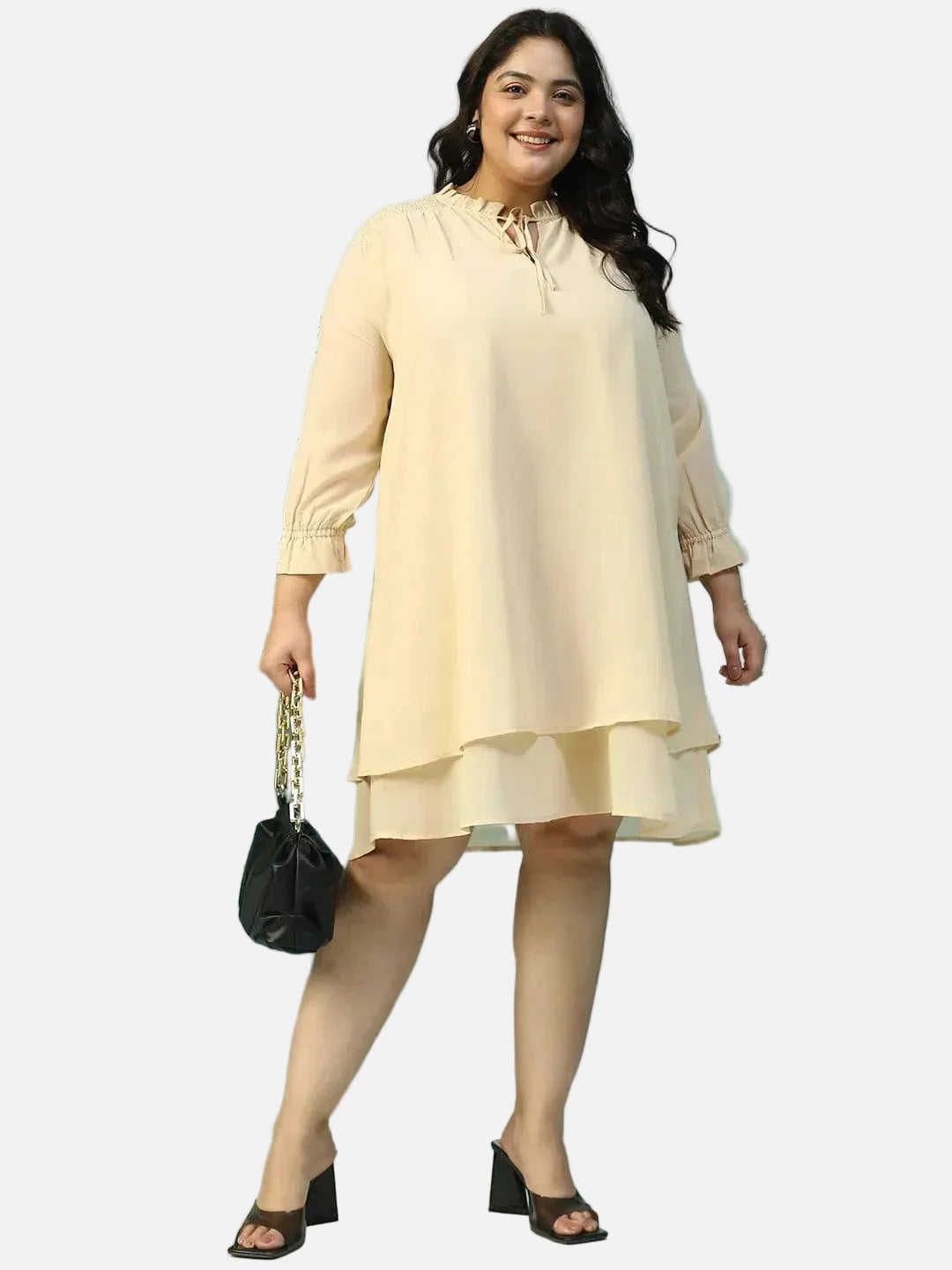max-beige-smocking-detail-long-sleeve-knee-length-plus-size-dress