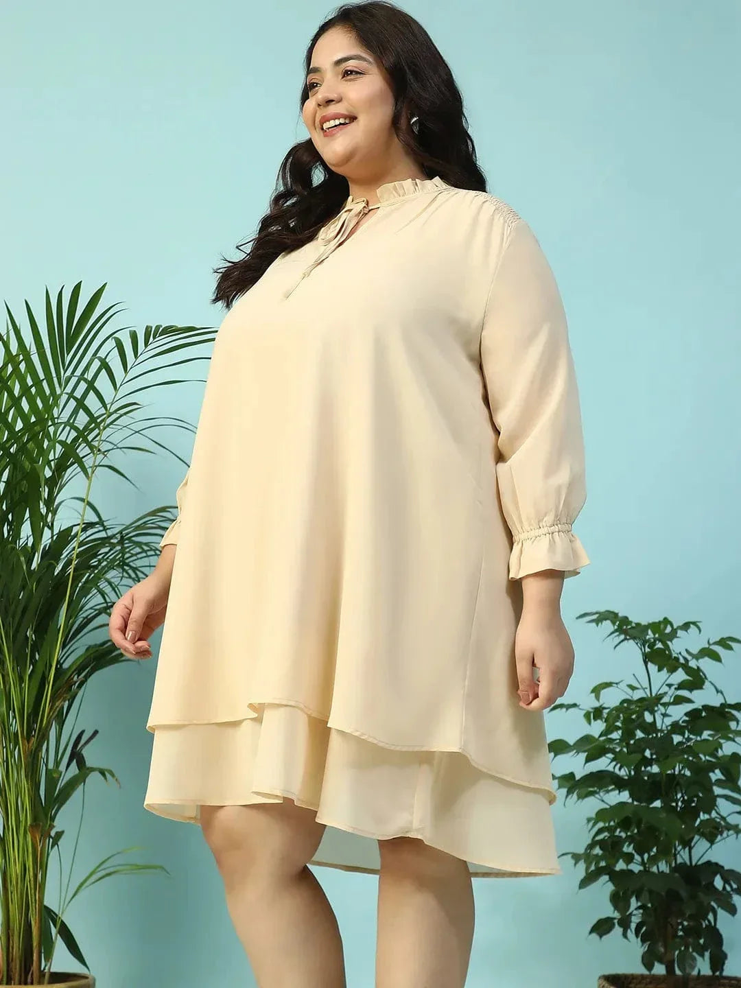 max-beige-smocking-detail-long-sleeve-knee-length-plus-size-dress