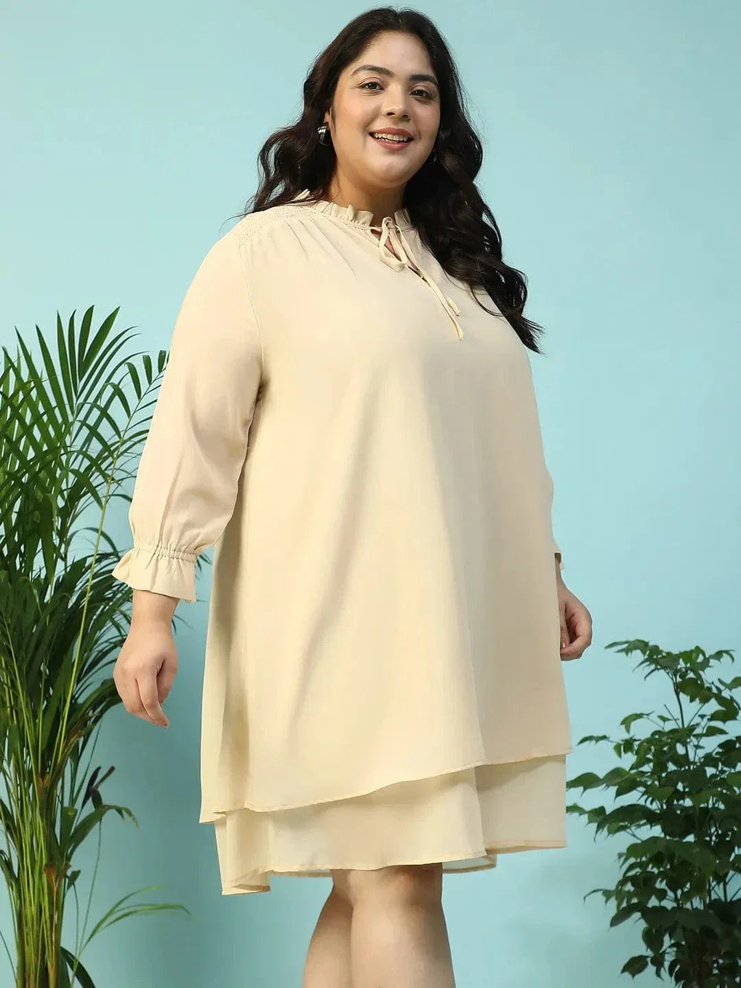 max-beige-smocking-detail-long-sleeve-knee-length-plus-size-dress
