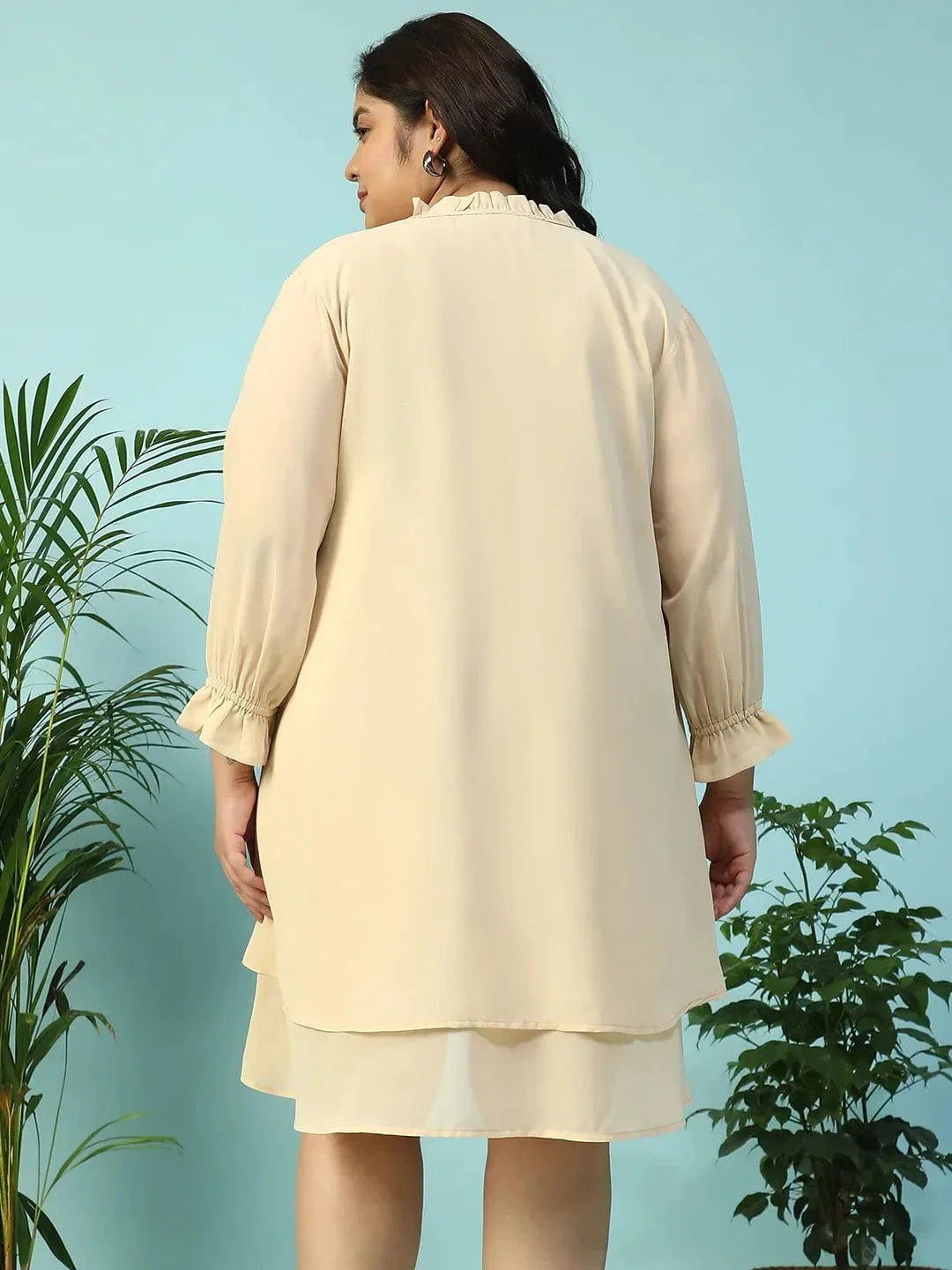 max-beige-smocking-detail-long-sleeve-knee-length-plus-size-dress