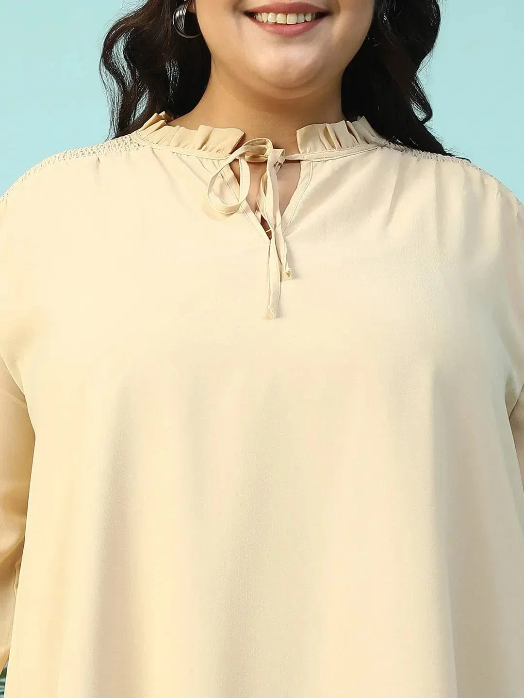 max-beige-smocking-detail-long-sleeve-knee-length-plus-size-dress