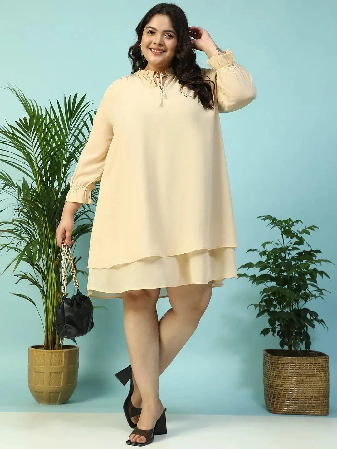 max-beige-smocking-detail-long-sleeve-knee-length-plus-size-dress