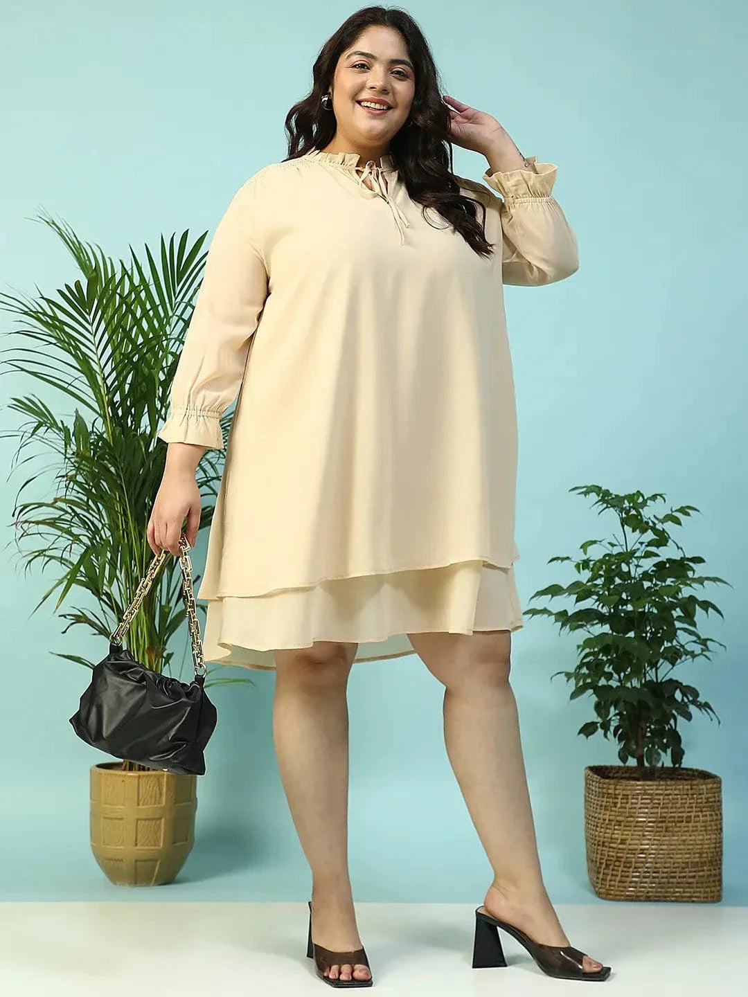 max-beige-smocking-detail-long-sleeve-knee-length-plus-size-dress