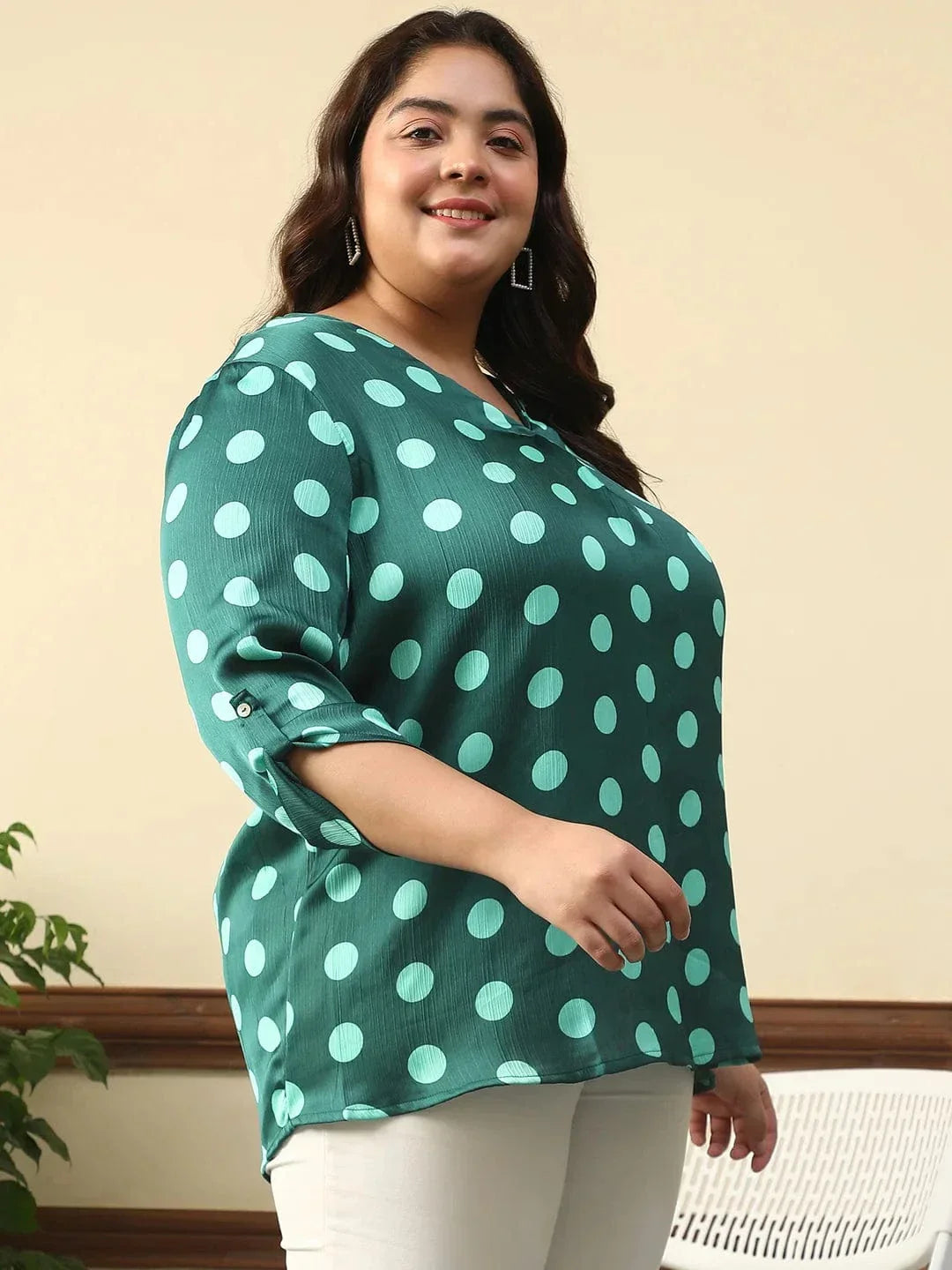 Creative Green Satin Chiffon Polka Dot Print Plus Size Women Top With Long Sleeves And Pleated Detailing. - oxolloxo