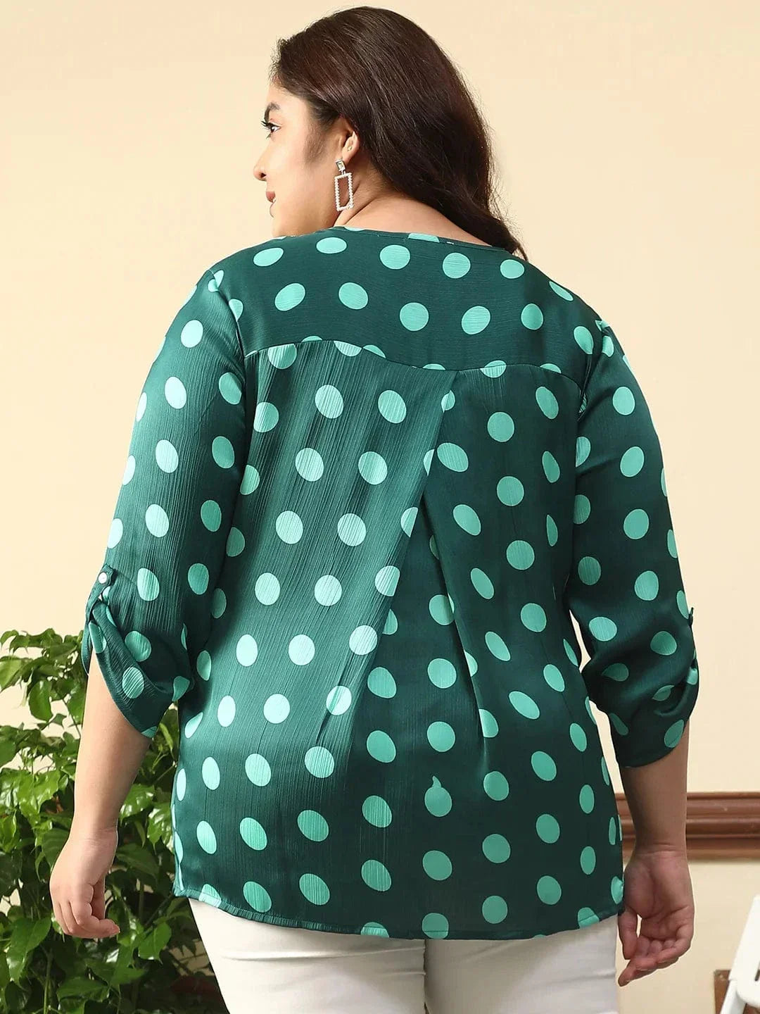 Creative Green Satin Chiffon Polka Dot Print Plus Size Women Top With Long Sleeves And Pleated Detailing. - oxolloxo