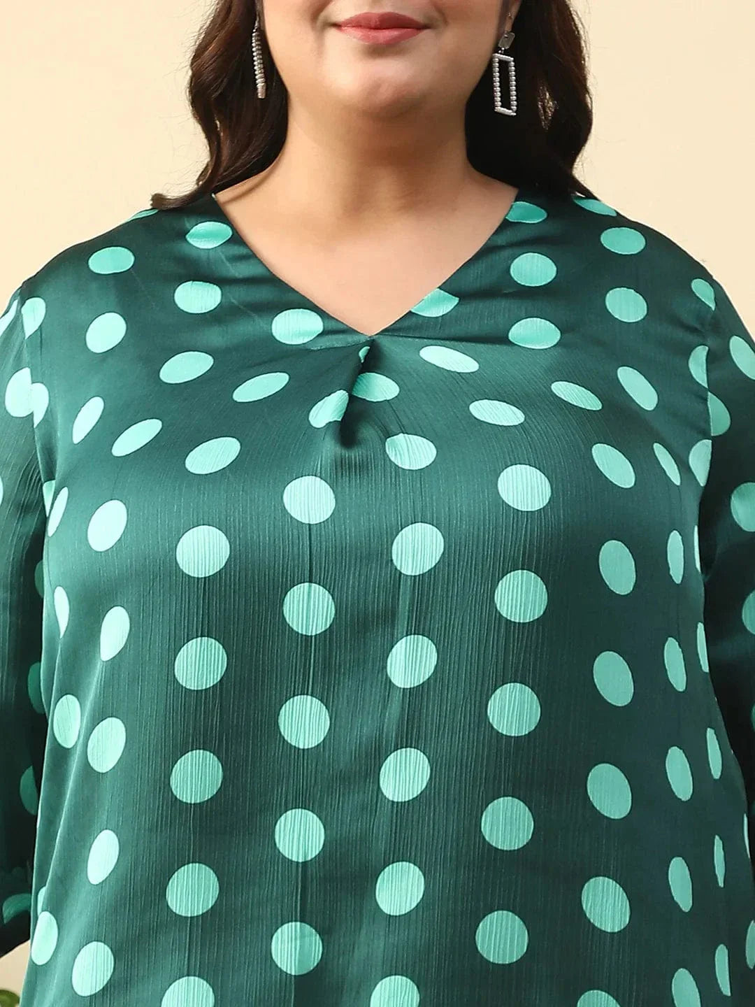 Creative Green Satin Chiffon Polka Dot Print Plus Size Women Top With Long Sleeves And Pleated Detailing. - oxolloxo