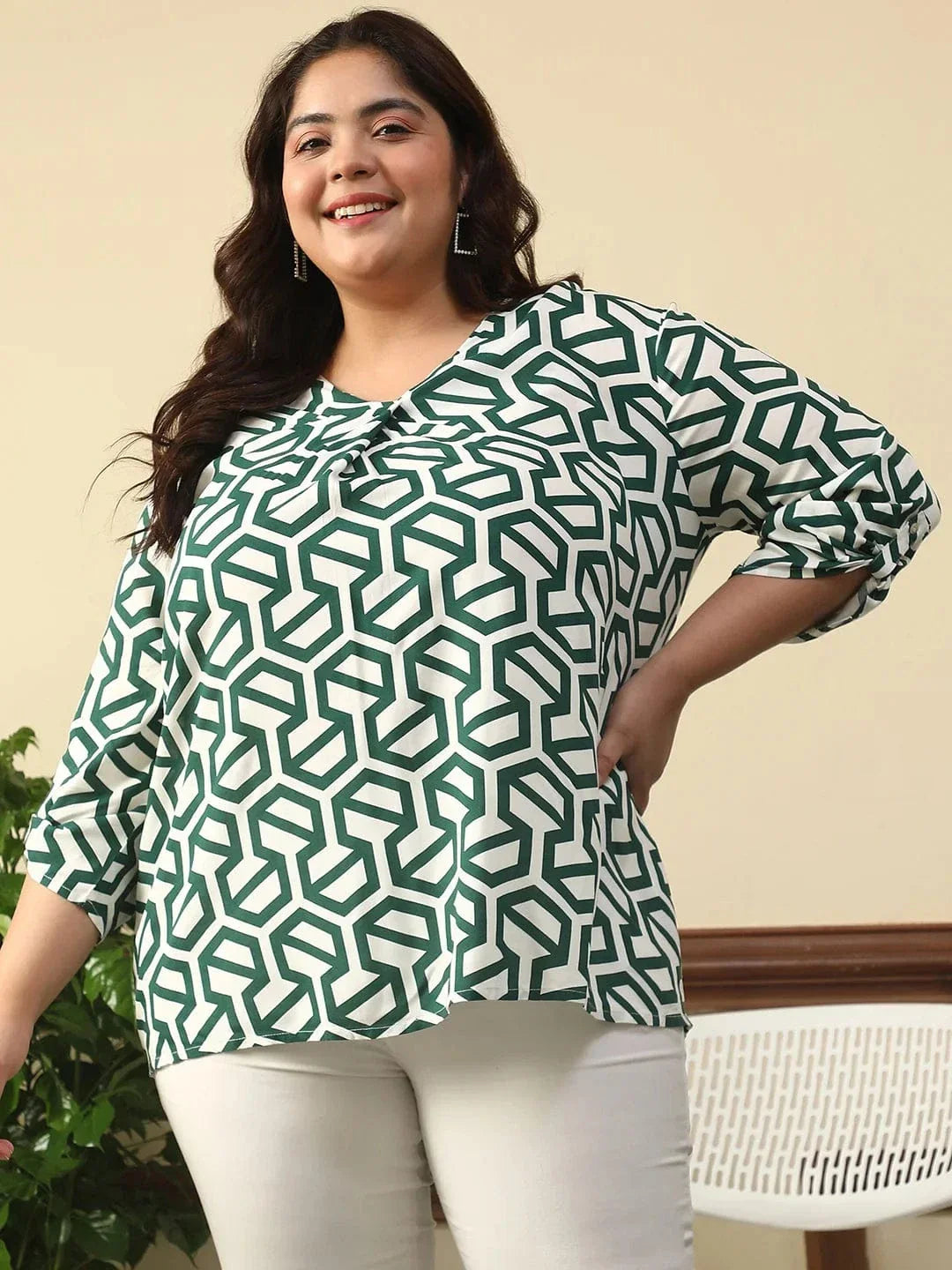 Poise Green Abstract Rayon Print Plus Size Women Top With Long Sleeves And Pleated Detailing. - oxolloxo