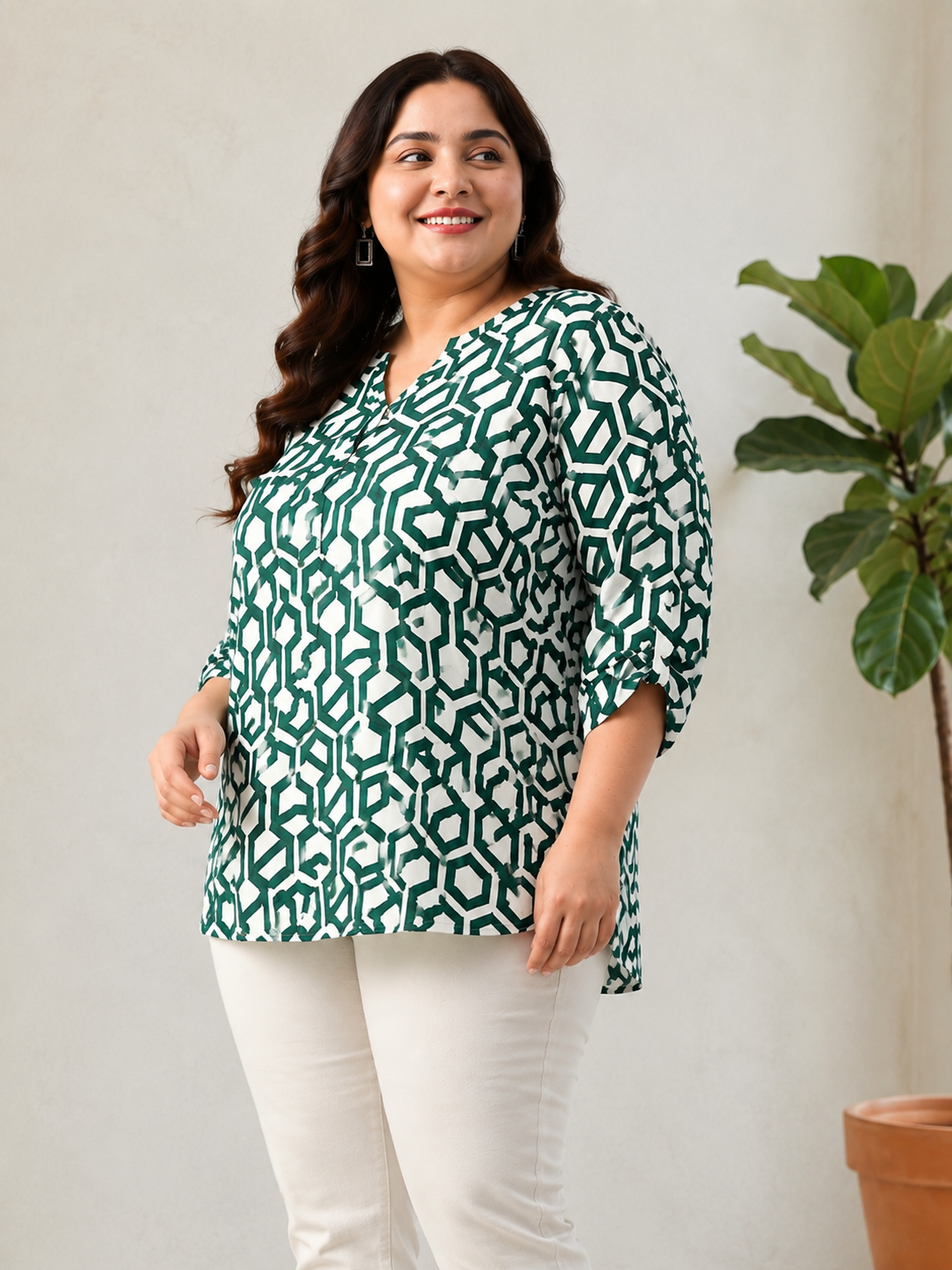 Plus Size Green Abstract Print Top