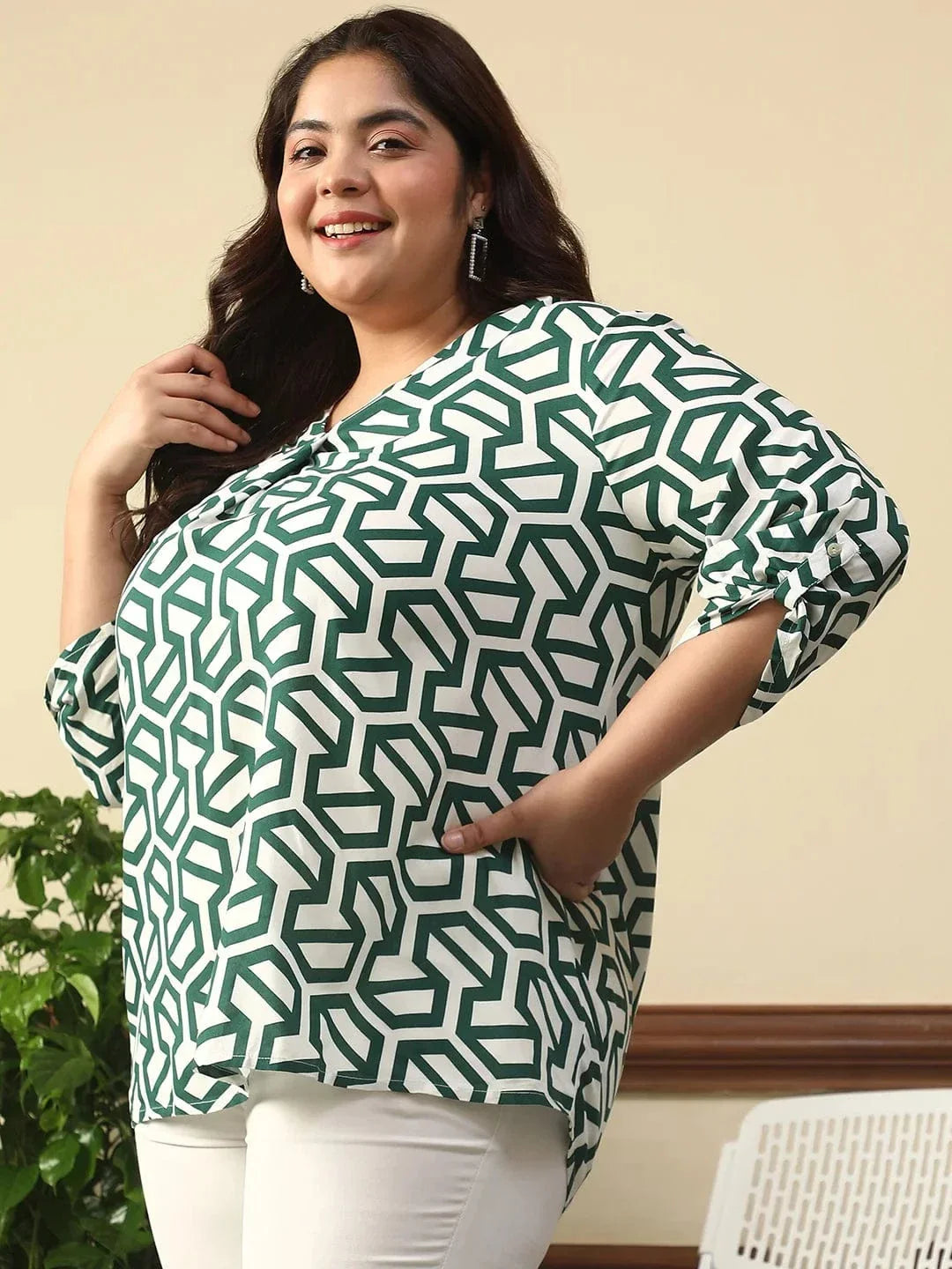 Poise Green Abstract Rayon Print Plus Size Women Top With Long Sleeves And Pleated Detailing. - oxolloxo