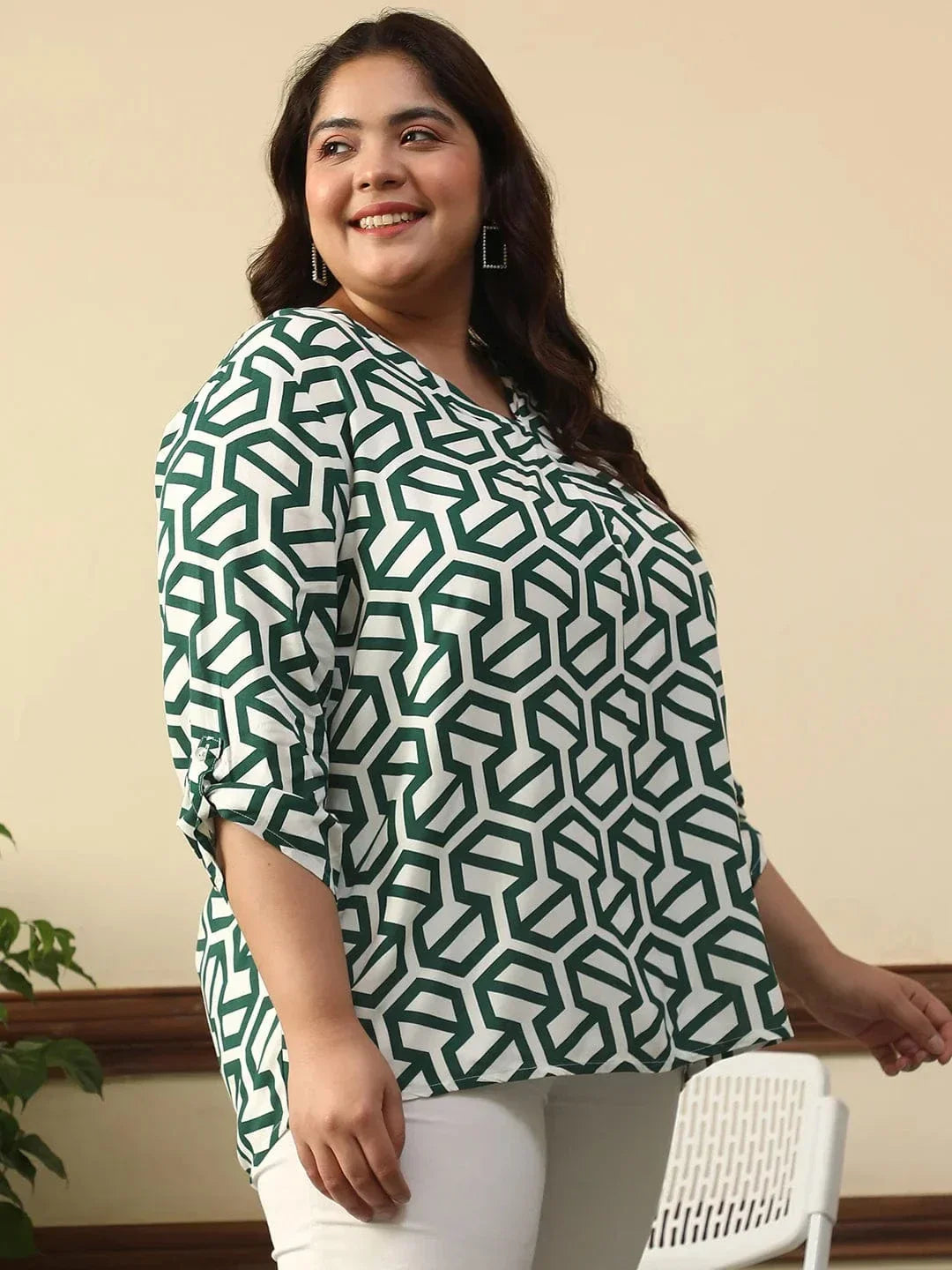 Poise Green Abstract Rayon Print Plus Size Women Top With Long Sleeves And Pleated Detailing. - oxolloxo