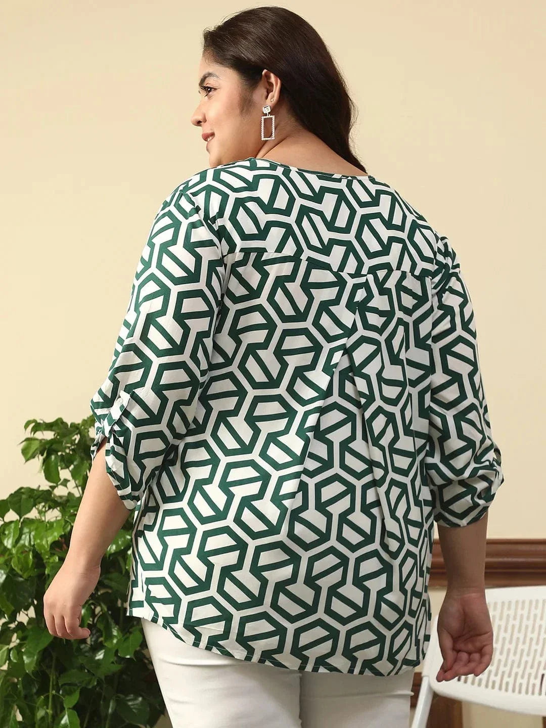 Poise Green Abstract Rayon Print Plus Size Women Top With Long Sleeves And Pleated Detailing. - oxolloxo