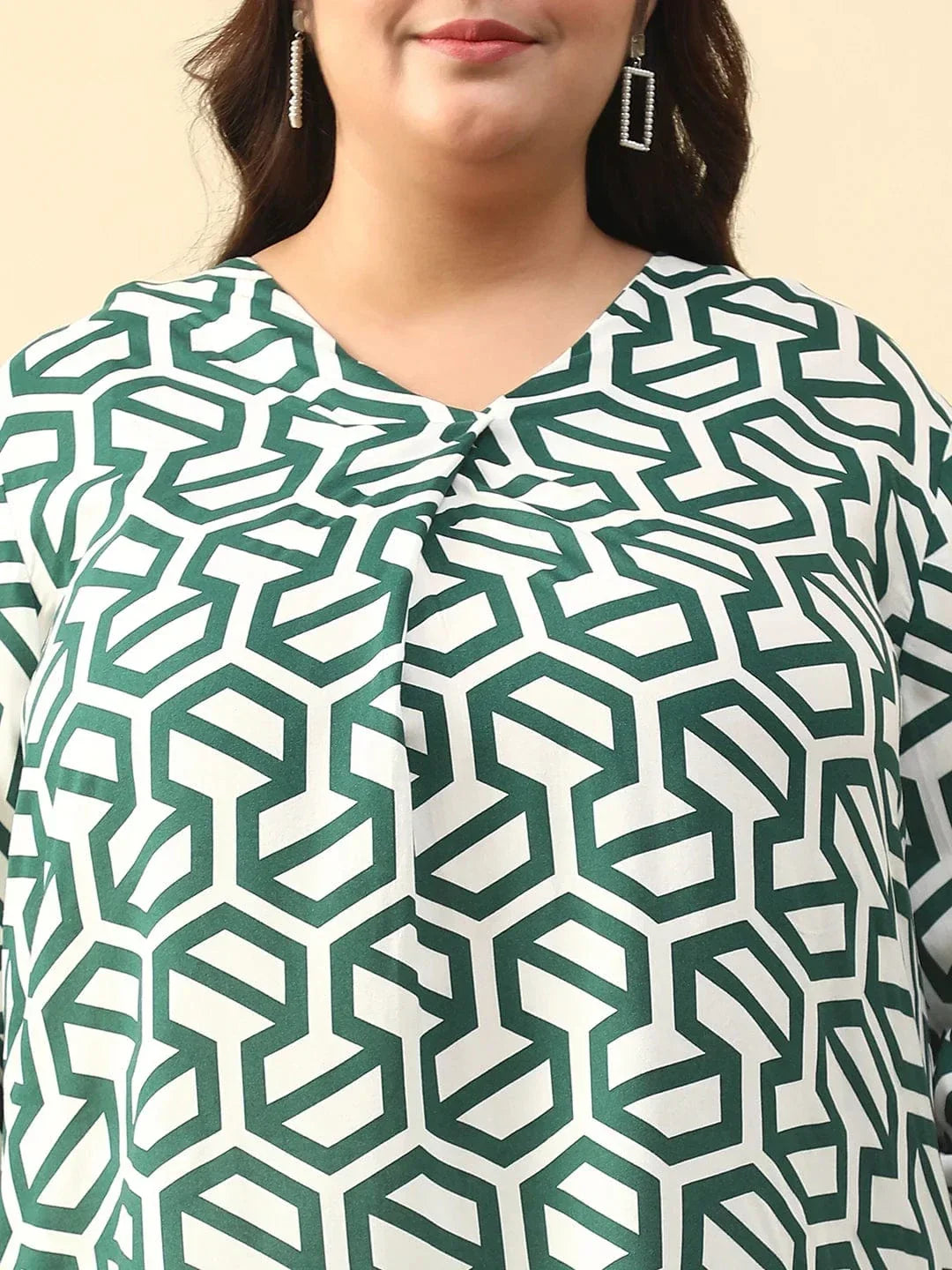Poise Green Abstract Rayon Print Plus Size Women Top With Long Sleeves And Pleated Detailing. - oxolloxo