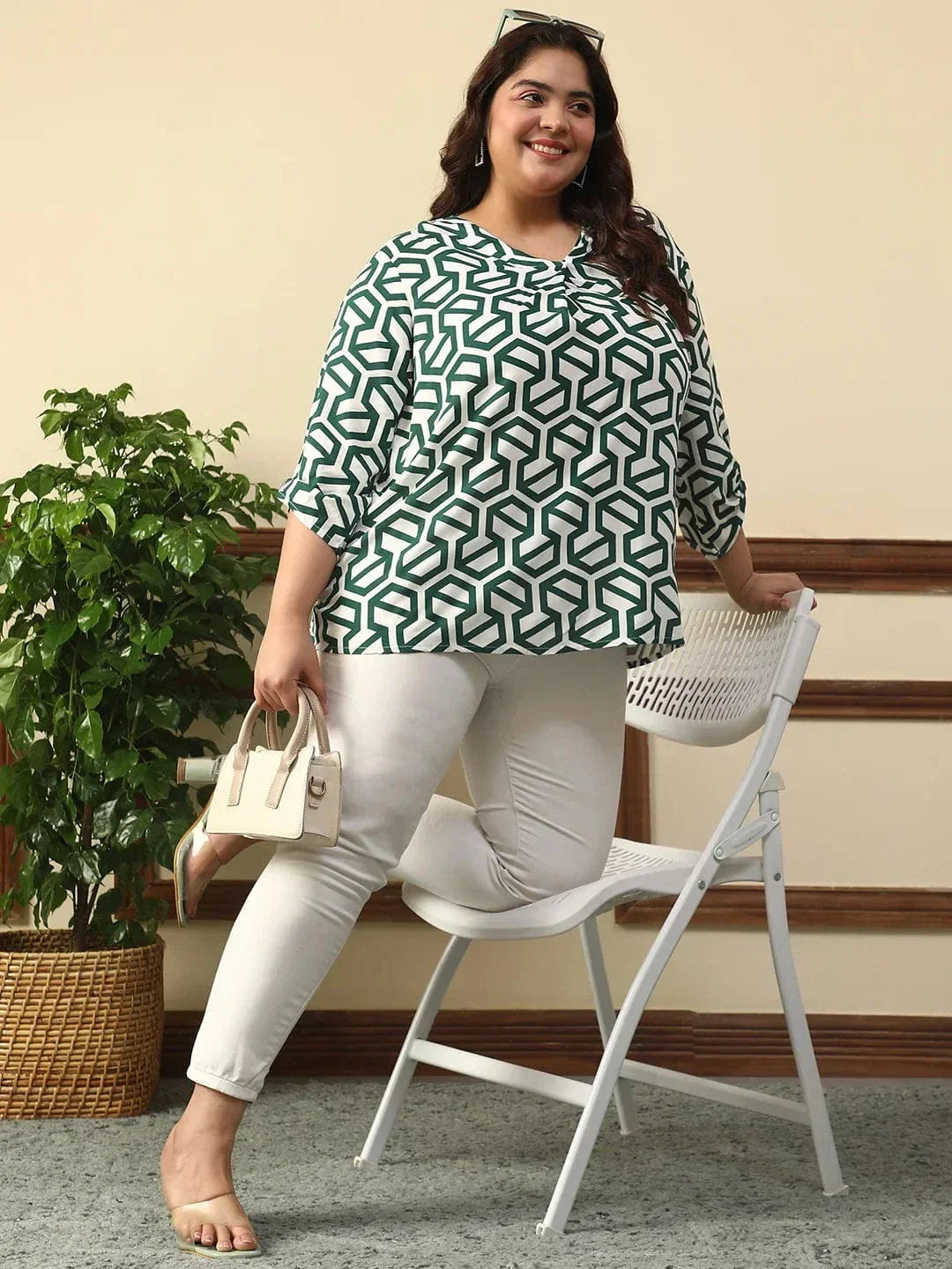 Poise Green Abstract Rayon Print Plus Size Women Top With Long Sleeves And Pleated Detailing. - oxolloxo