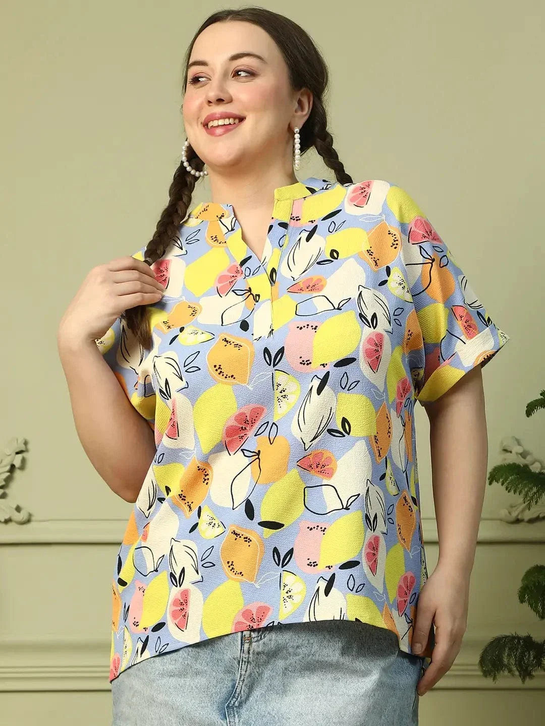 Multicolor Fruit Print Short Sleeve Plus Size Women Top - oxolloxo