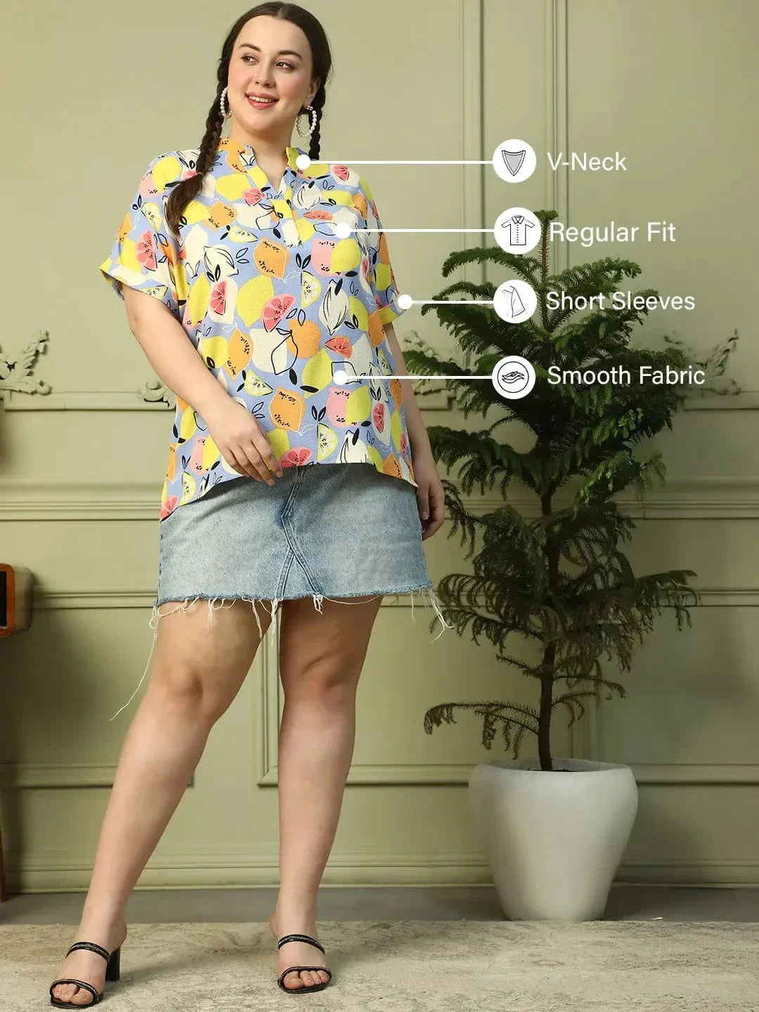 Multicolor Fruit Print Short Sleeve Plus Size Women Top - oxolloxo