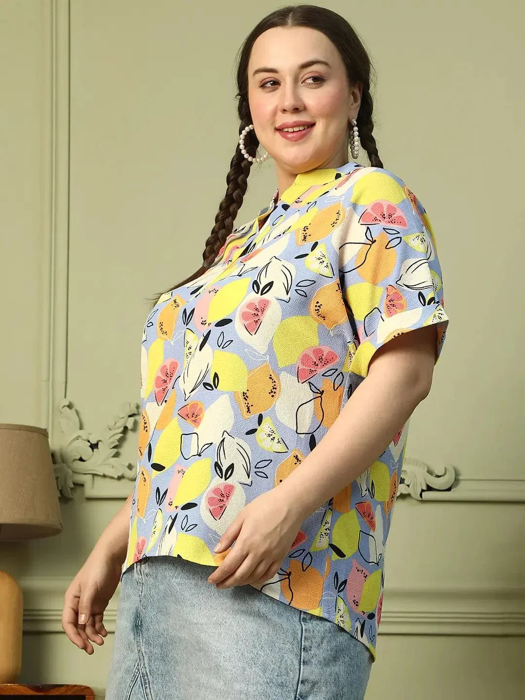 Multicolor Fruit Print Short Sleeve Plus Size Women Top - oxolloxo