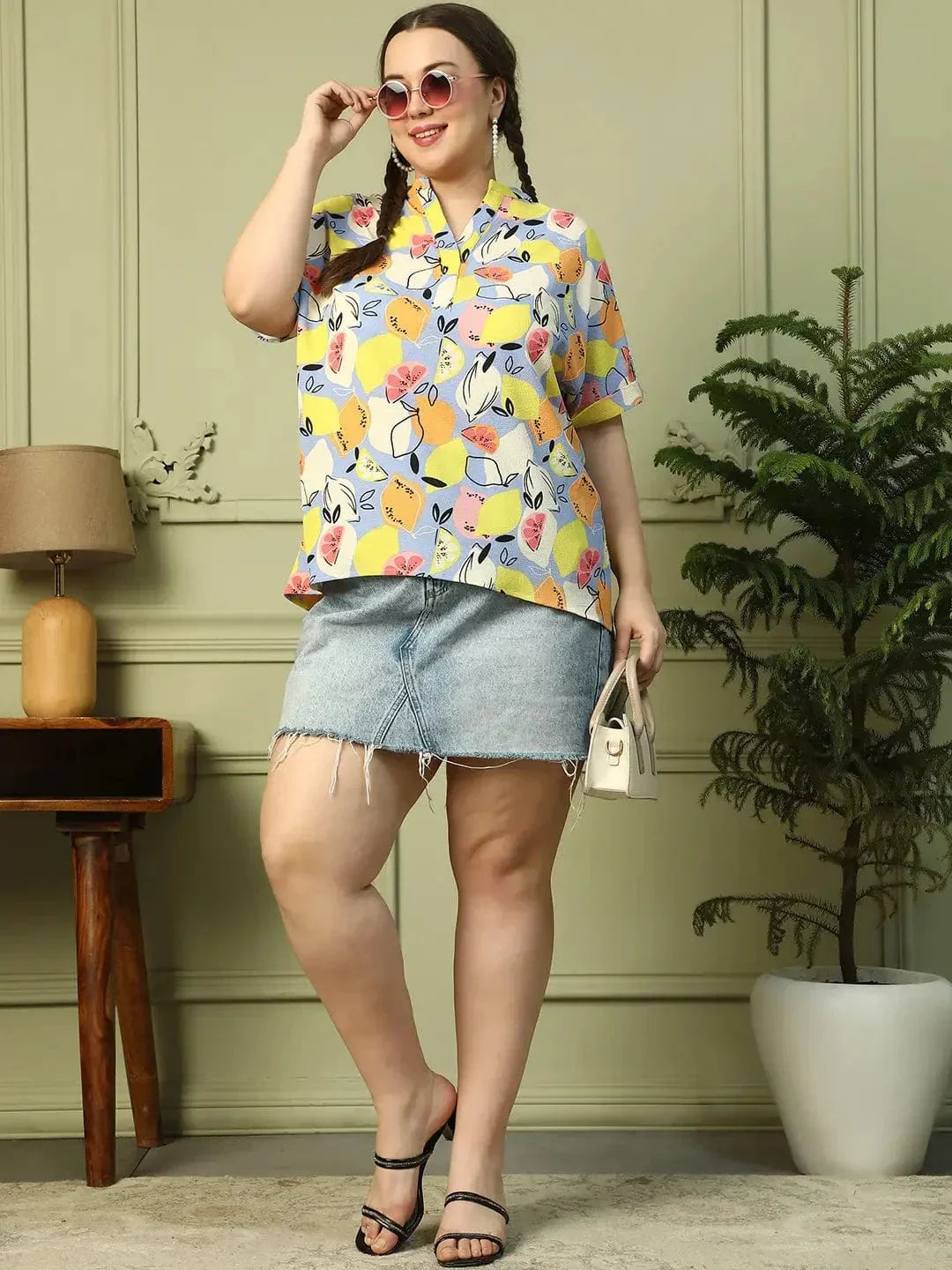 Multicolor Fruit Print Short Sleeve Plus Size Women Top - oxolloxo