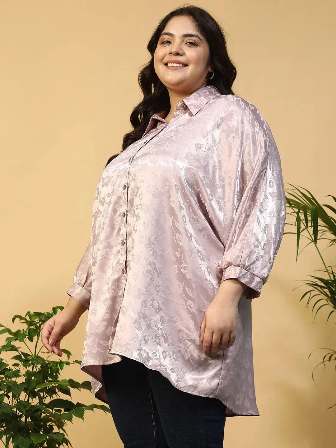Lilac Floral Print Short Sleeve Collared Button Down Plus Size Oversized Shirt - oxolloxo